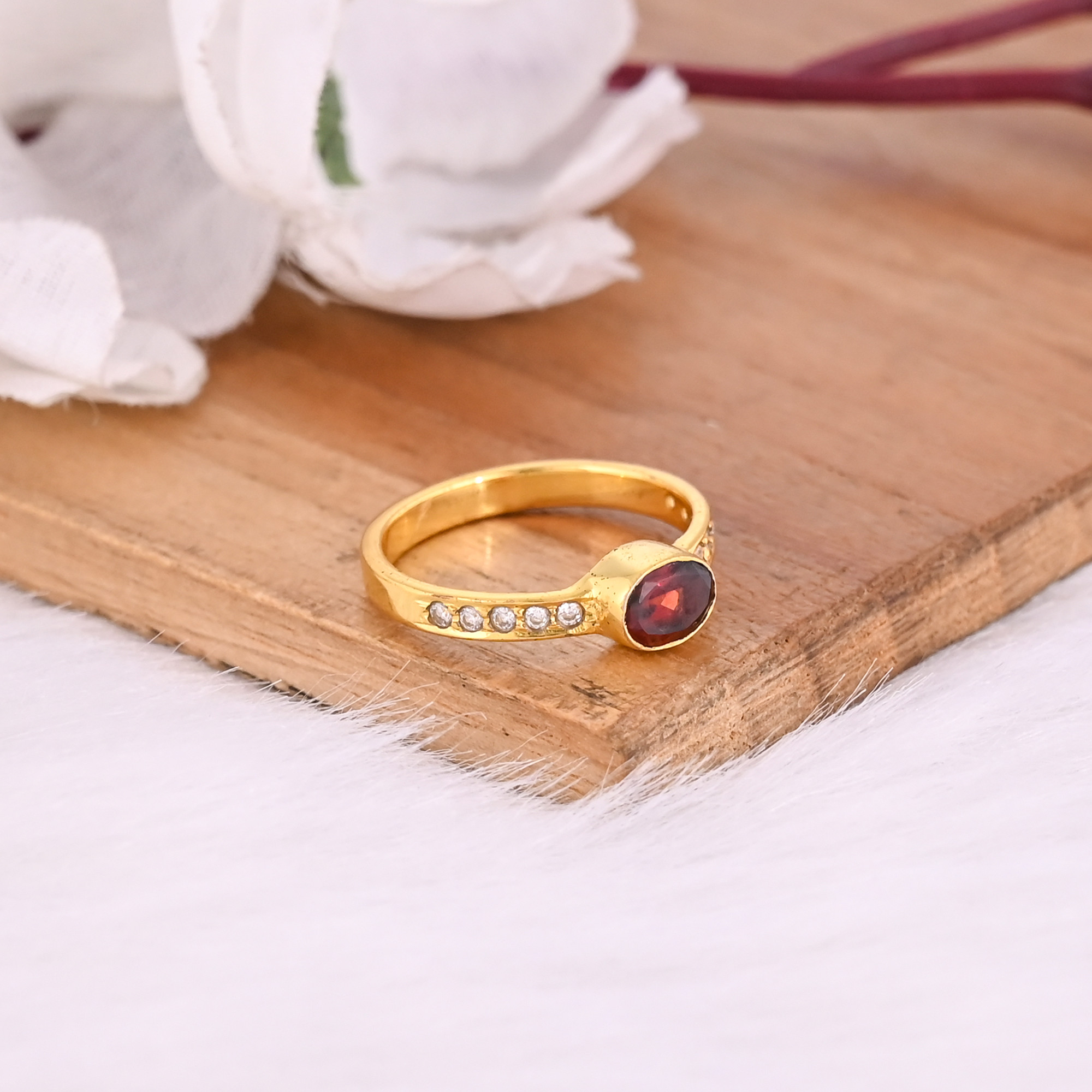 925 Sterling Solid Silver Natural Garnet Gemstone Yellow Gold Plated Stackable Wedding Engagement Ring