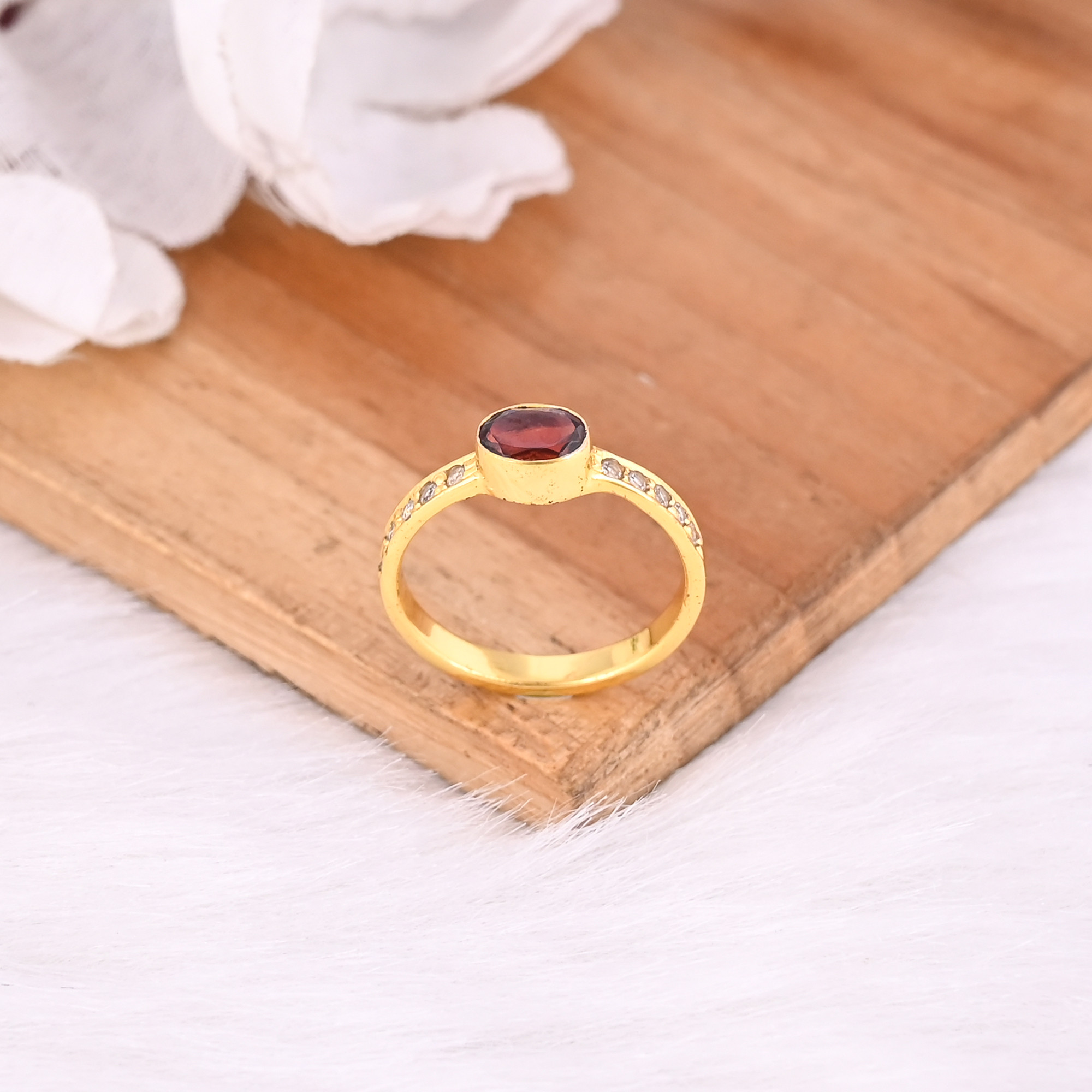 925 Sterling Solid Silver Natural Garnet Gemstone Yellow Gold Plated Stackable Wedding Engagement Ring