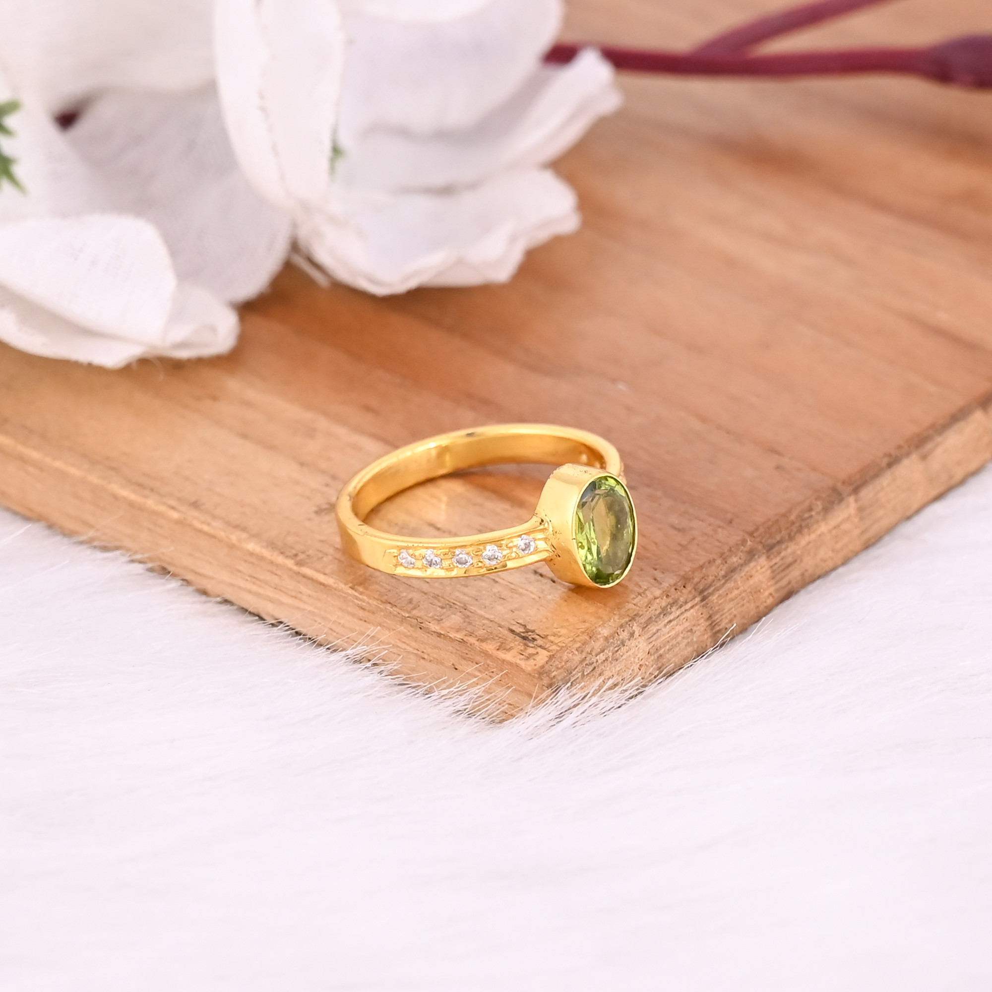 925 Sterling Solid Silver Natural Peridot Gemstone Yellow Gold Plated Wedding Engagement Ring