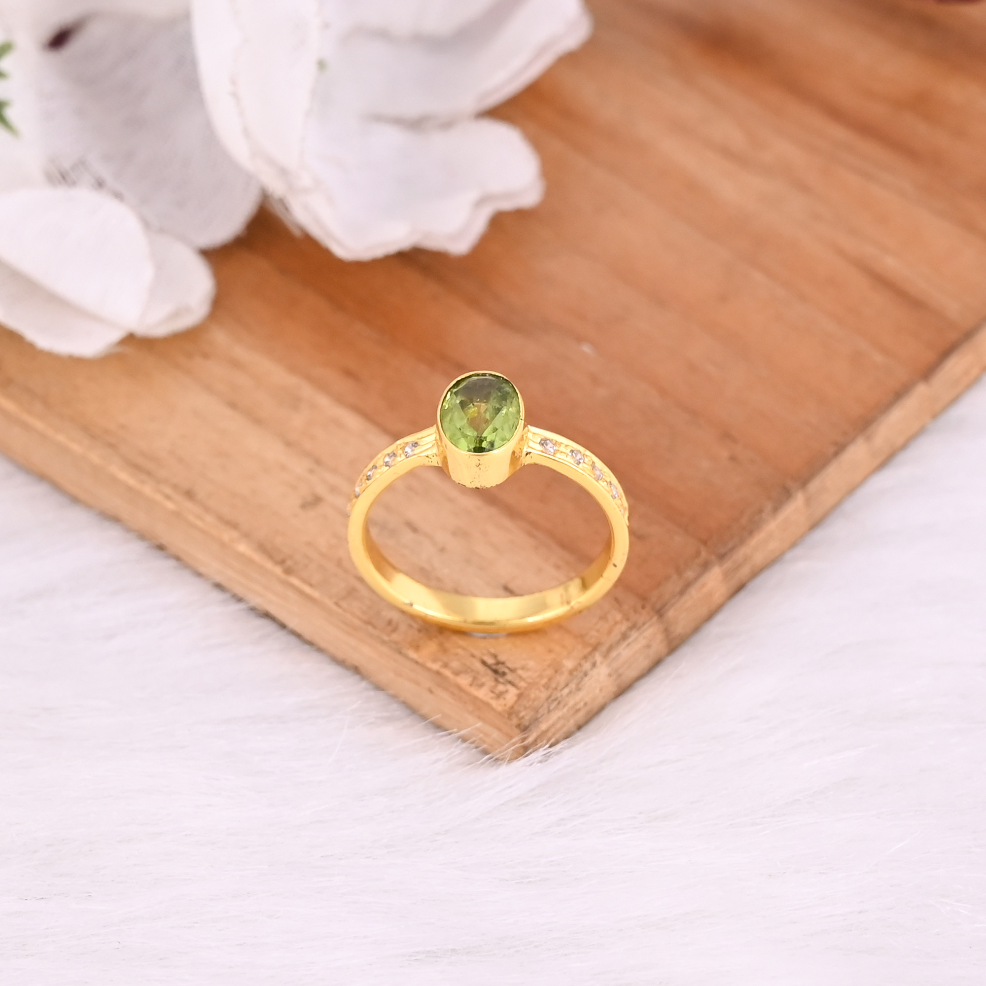 925 Sterling Solid Silver Natural Peridot Gemstone Yellow Gold Plated Wedding Engagement Ring