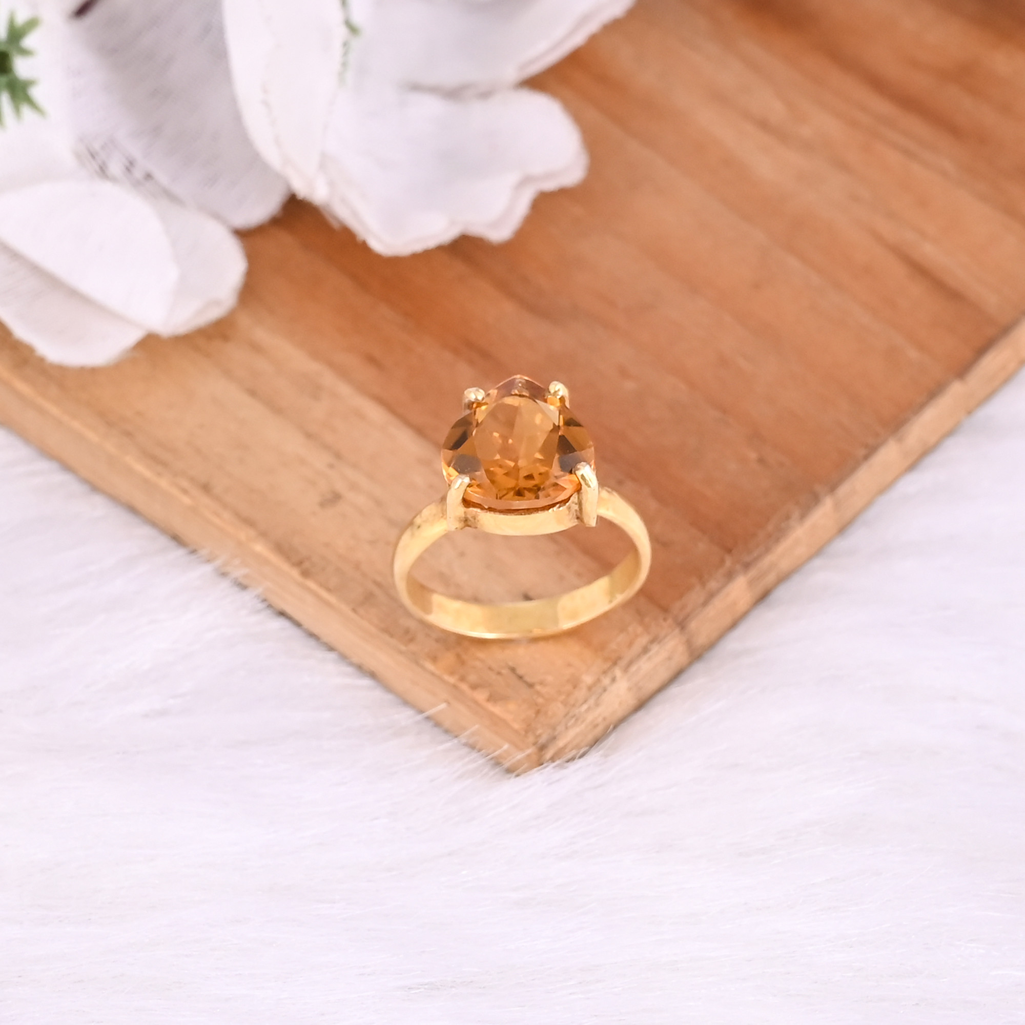 925 Sterling Solid Silver Natural Citrine Heart Shape Gemstone Handmade Designer Prong Setting Yellow Gold Plated Ring