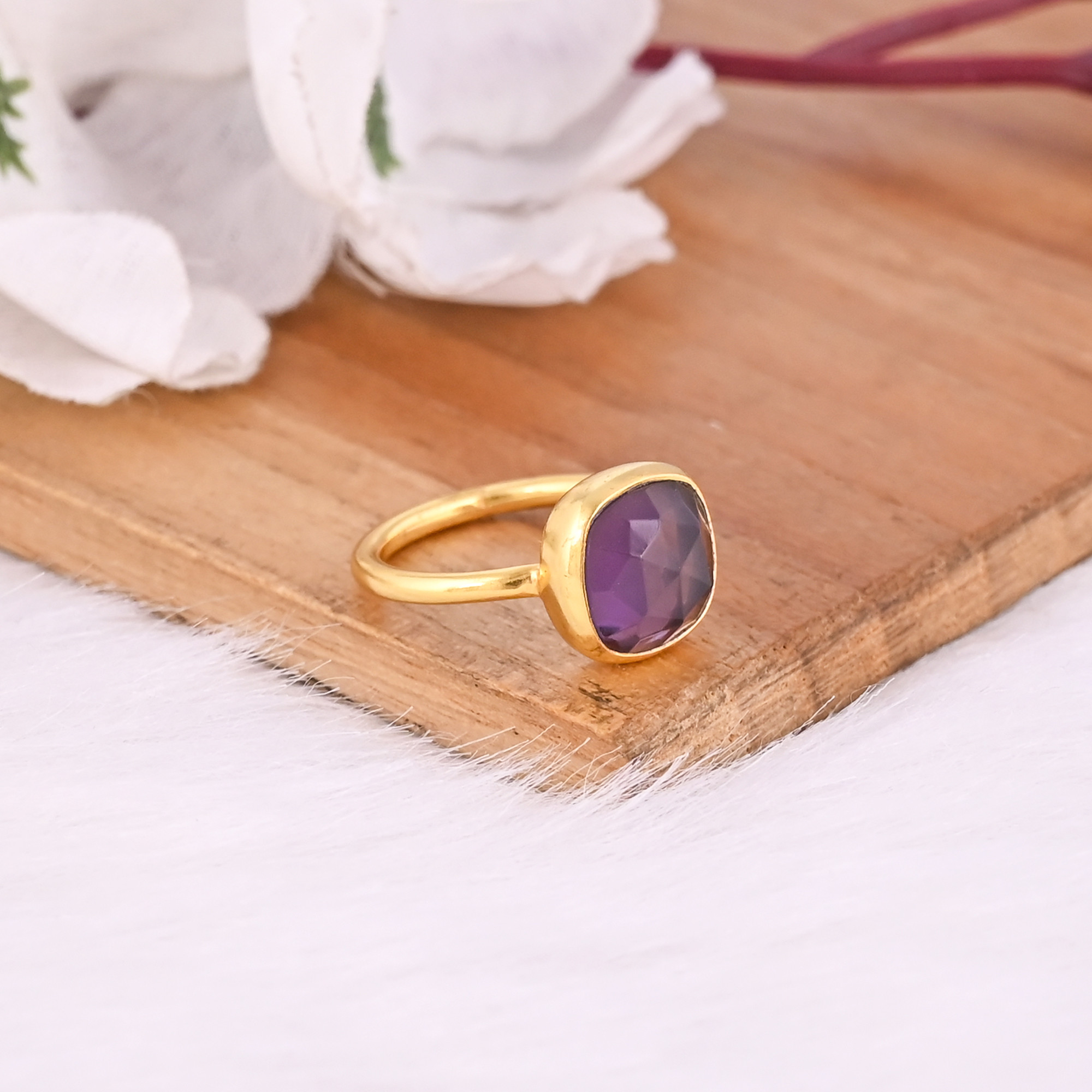 925 Sterling Solid Silver Purple Amethyst Gemstone Handmade Wholesale Ring Yellow Gold Plated Jewelry