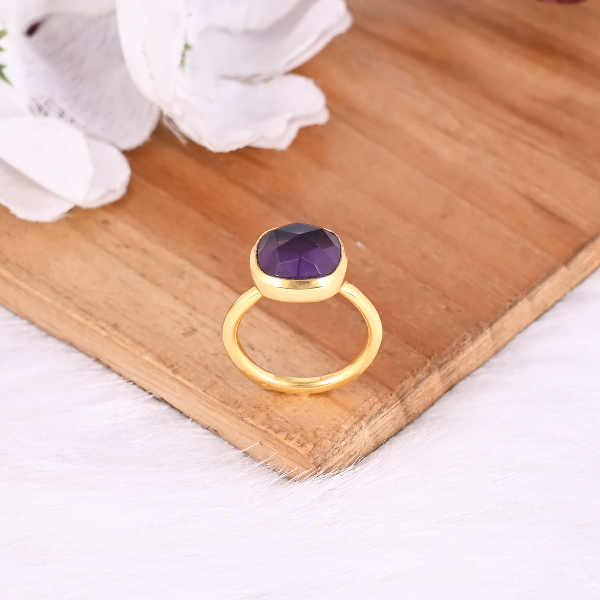 925 Sterling Solid Silver Purple Amethyst Gemstone Handmade Wholesale Ring Yellow Gold Plated Jewelry