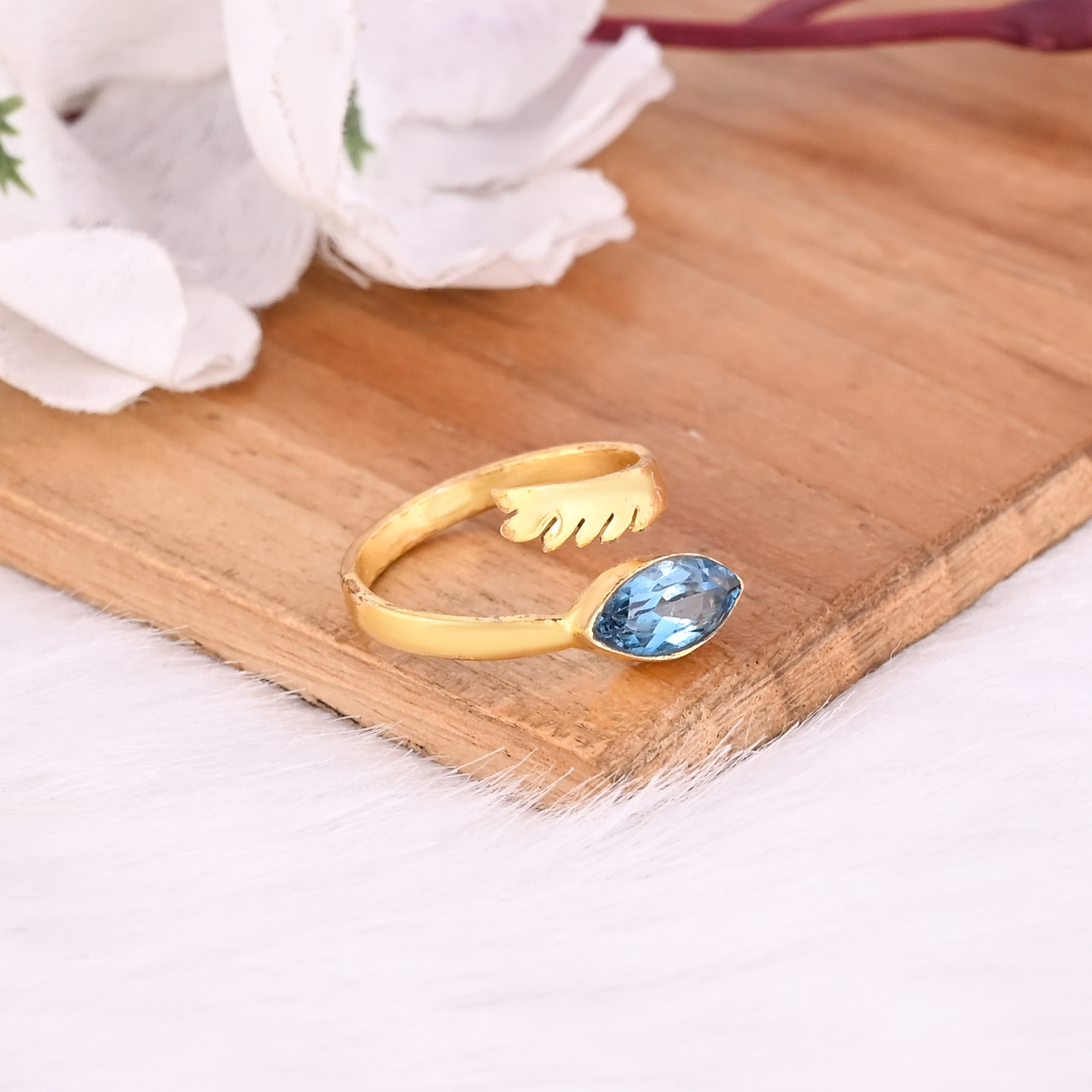925 Sterling Solid Silver Blue Topaz Gemstone Adjustable Yellow Gold Plated Feather Designer Engagement Ring
