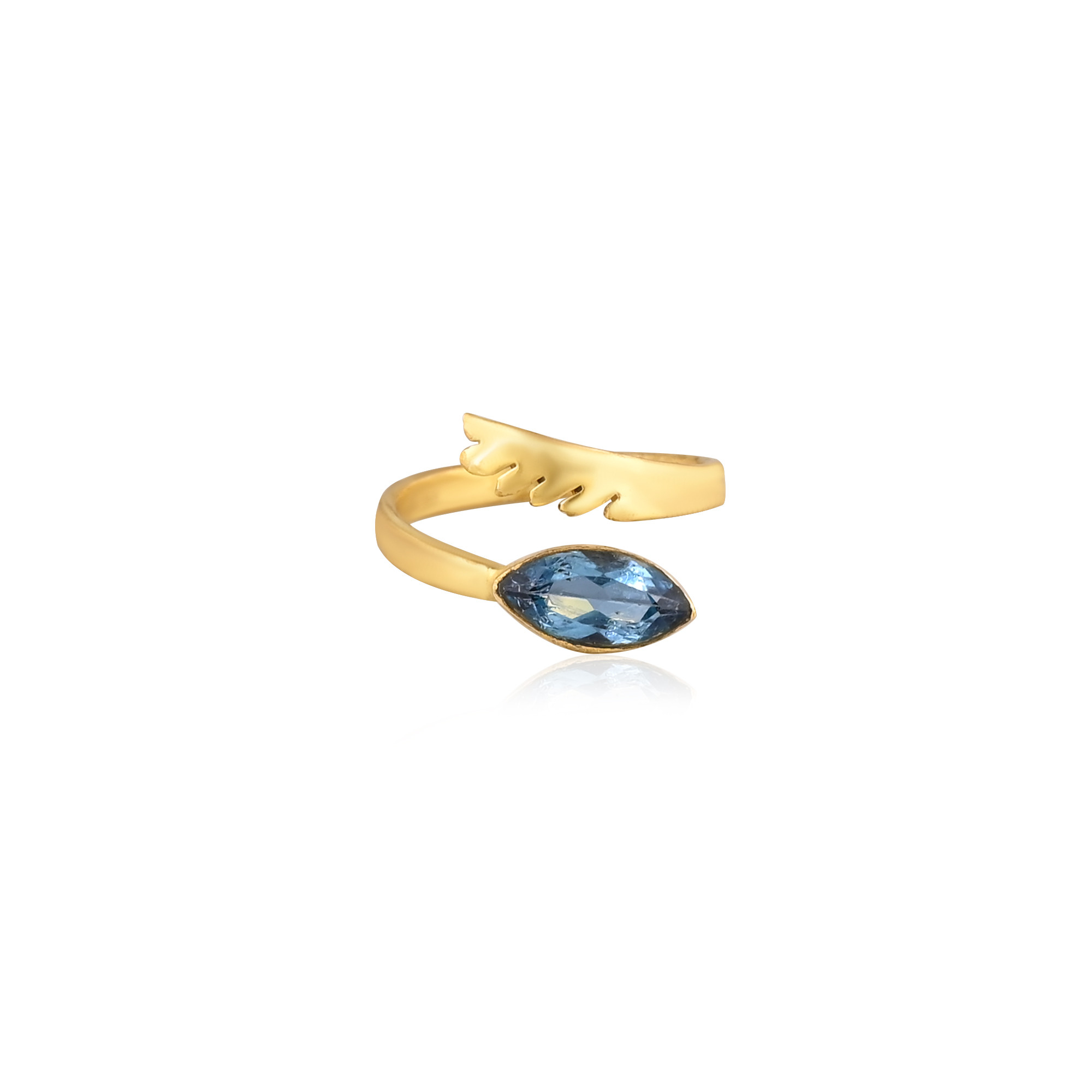 925 Sterling Solid Silver Blue Topaz Gemstone Adjustable Yellow Gold Plated Feather Designer Engagement Ring