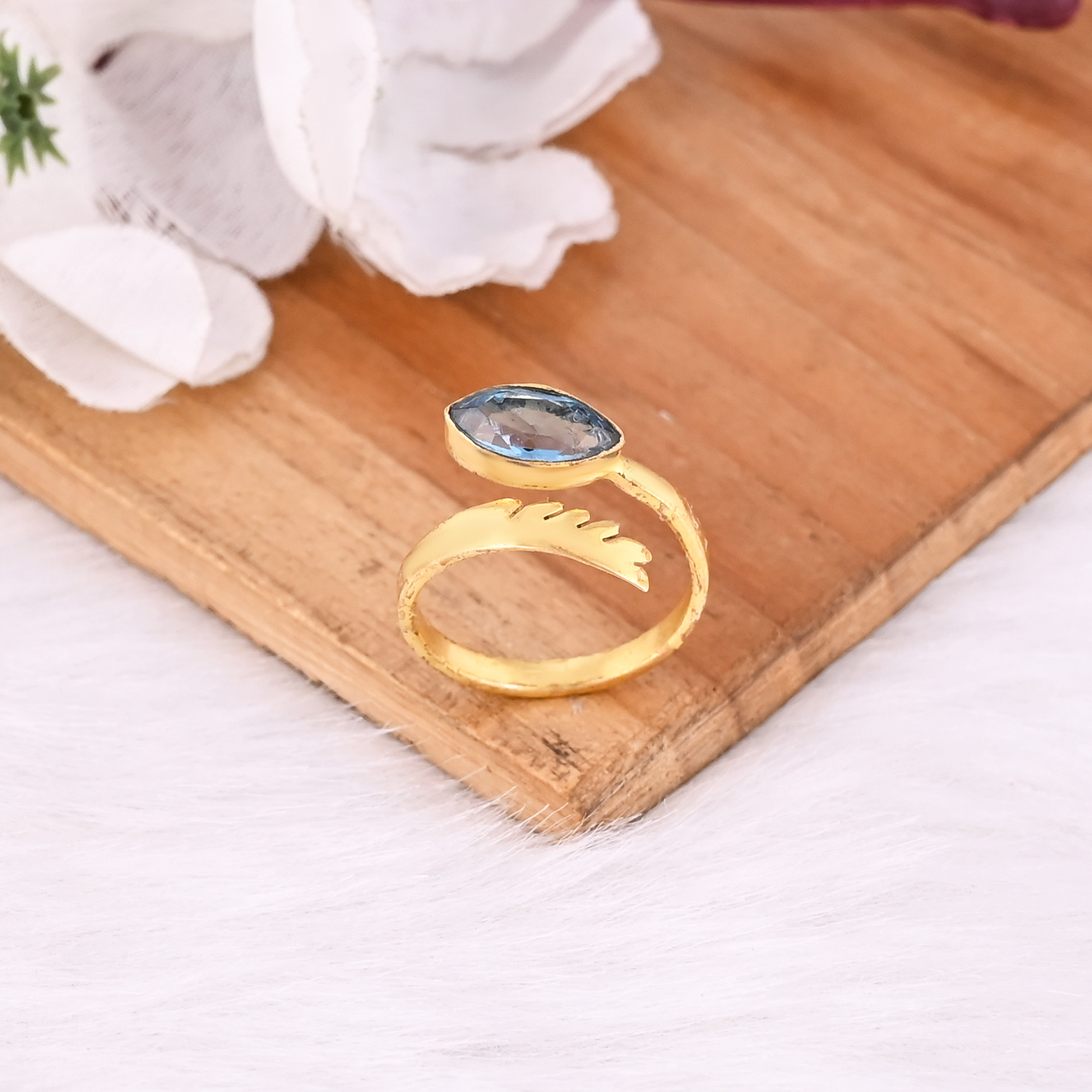 925 Sterling Solid Silver Blue Topaz Gemstone Adjustable Yellow Gold Plated Feather Designer Engagement Ring