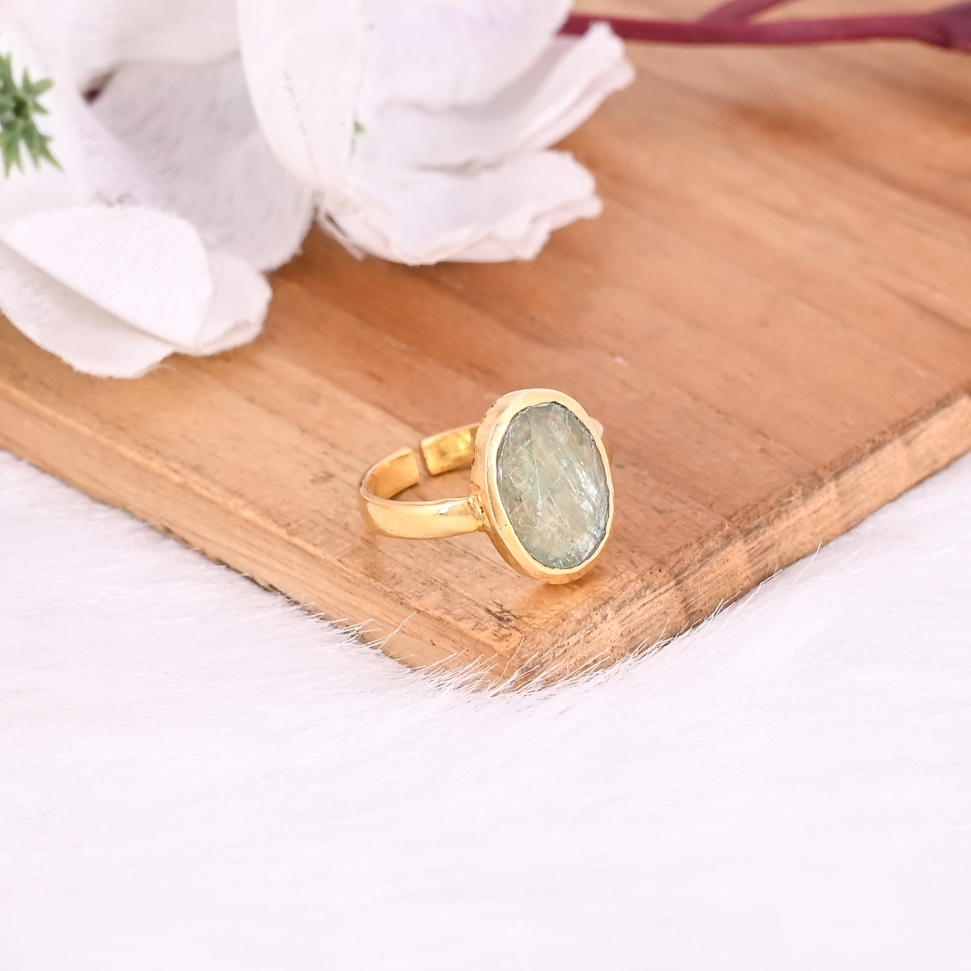 925 Sterling Silver Green Kyanite Handmade Boho Designer Yellow Gold Plated Adjustable Ring