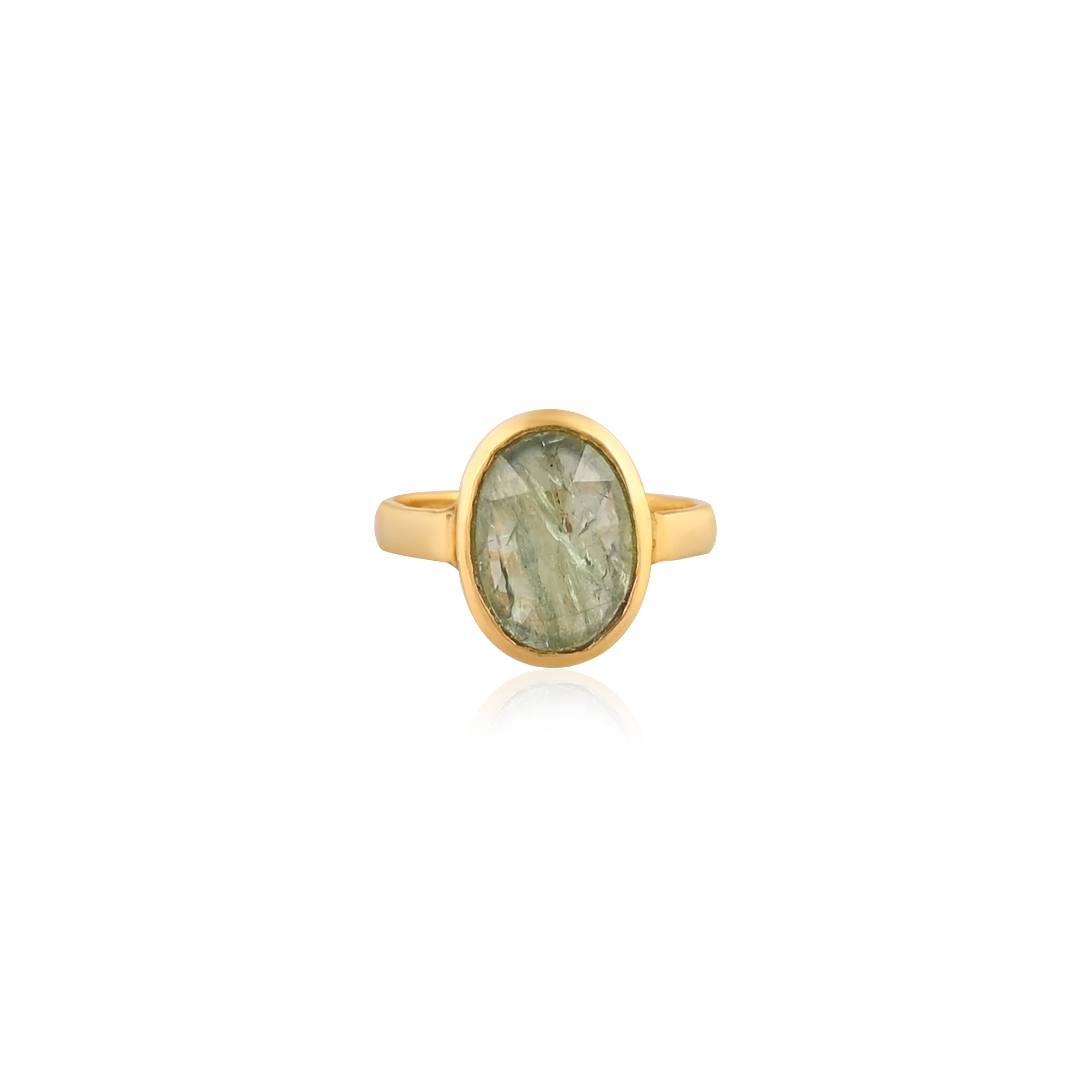 925 Sterling Silver Green Kyanite Handmade Boho Designer Yellow Gold Plated Adjustable Ring