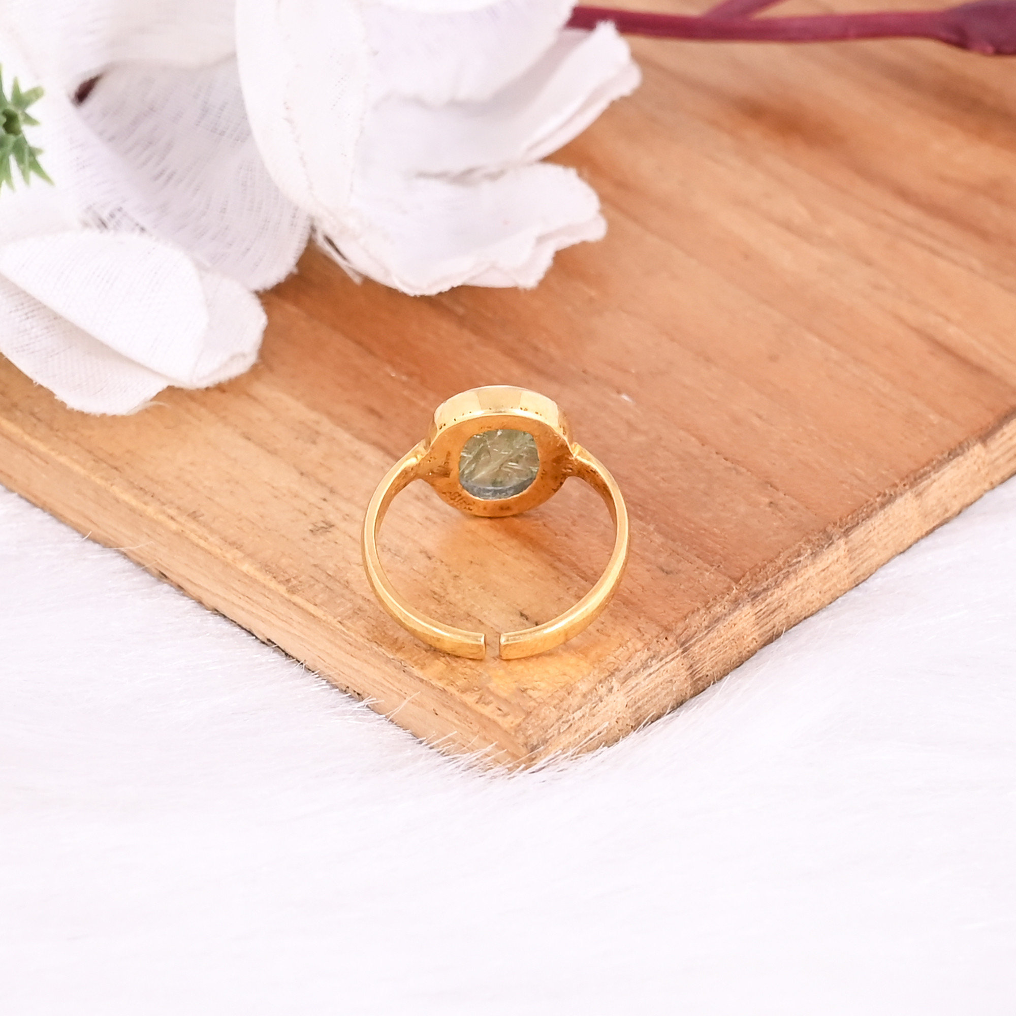 925 Sterling Silver Green Kyanite Handmade Boho Designer Yellow Gold Plated Adjustable Ring