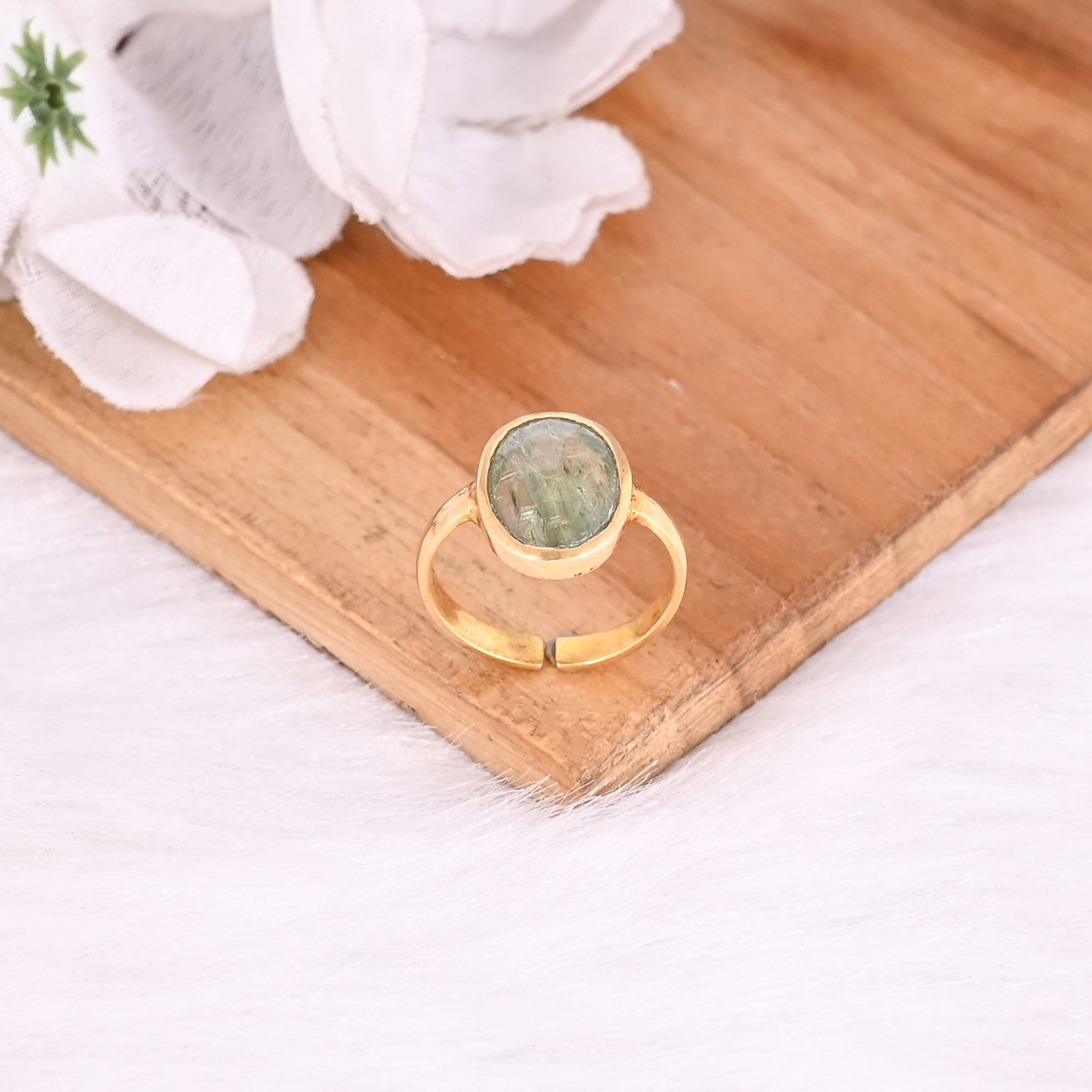 925 Sterling Silver Green Kyanite Handmade Boho Designer Yellow Gold Plated Adjustable Ring