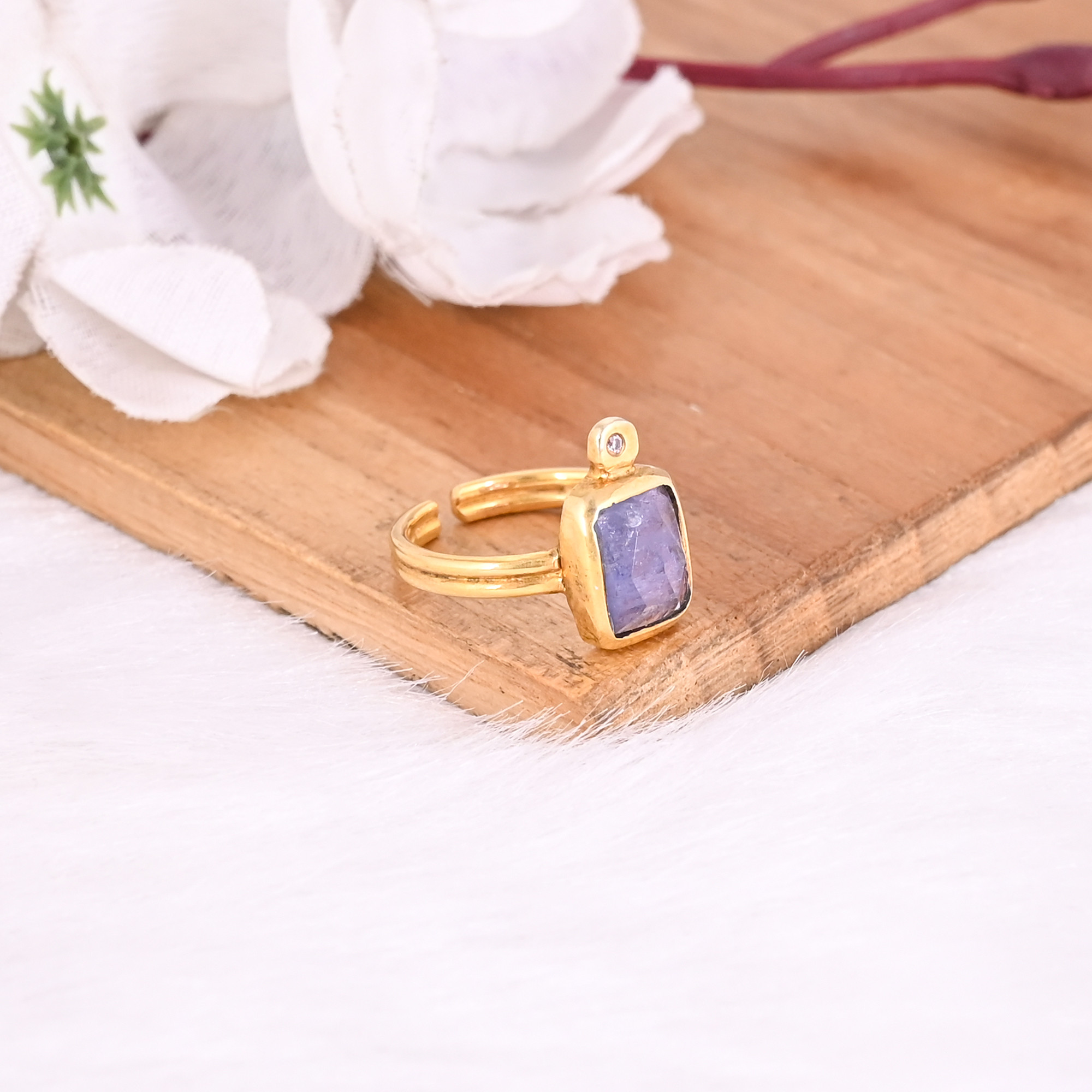 925 Sterling Silver Natural Tanzanite Gemstone Yellow Gold Plated Adjustable Statement Ring Jewelry Bridesmaid Gift