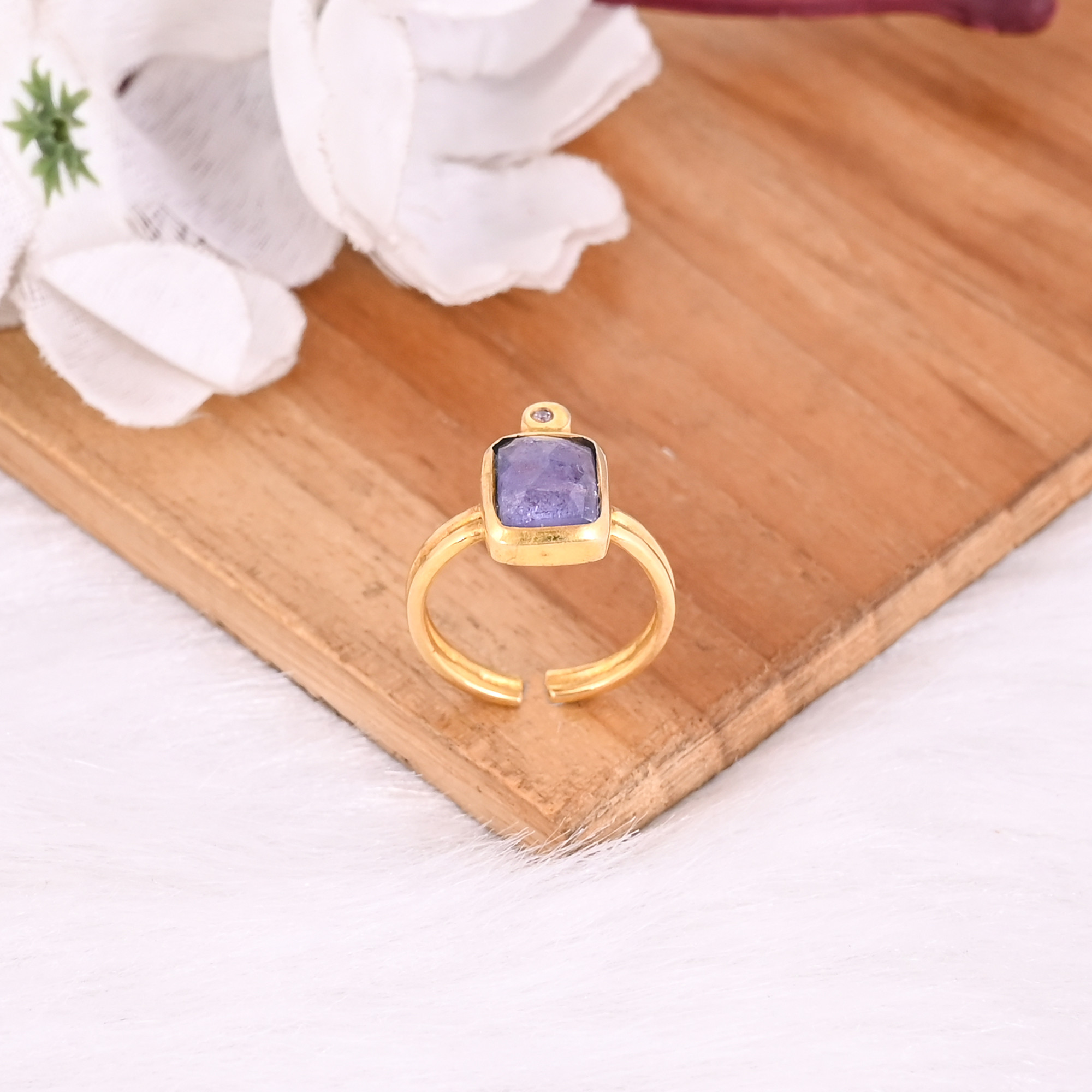 925 Sterling Silver Natural Tanzanite Gemstone Yellow Gold Plated Adjustable Statement Ring Jewelry Bridesmaid Gift