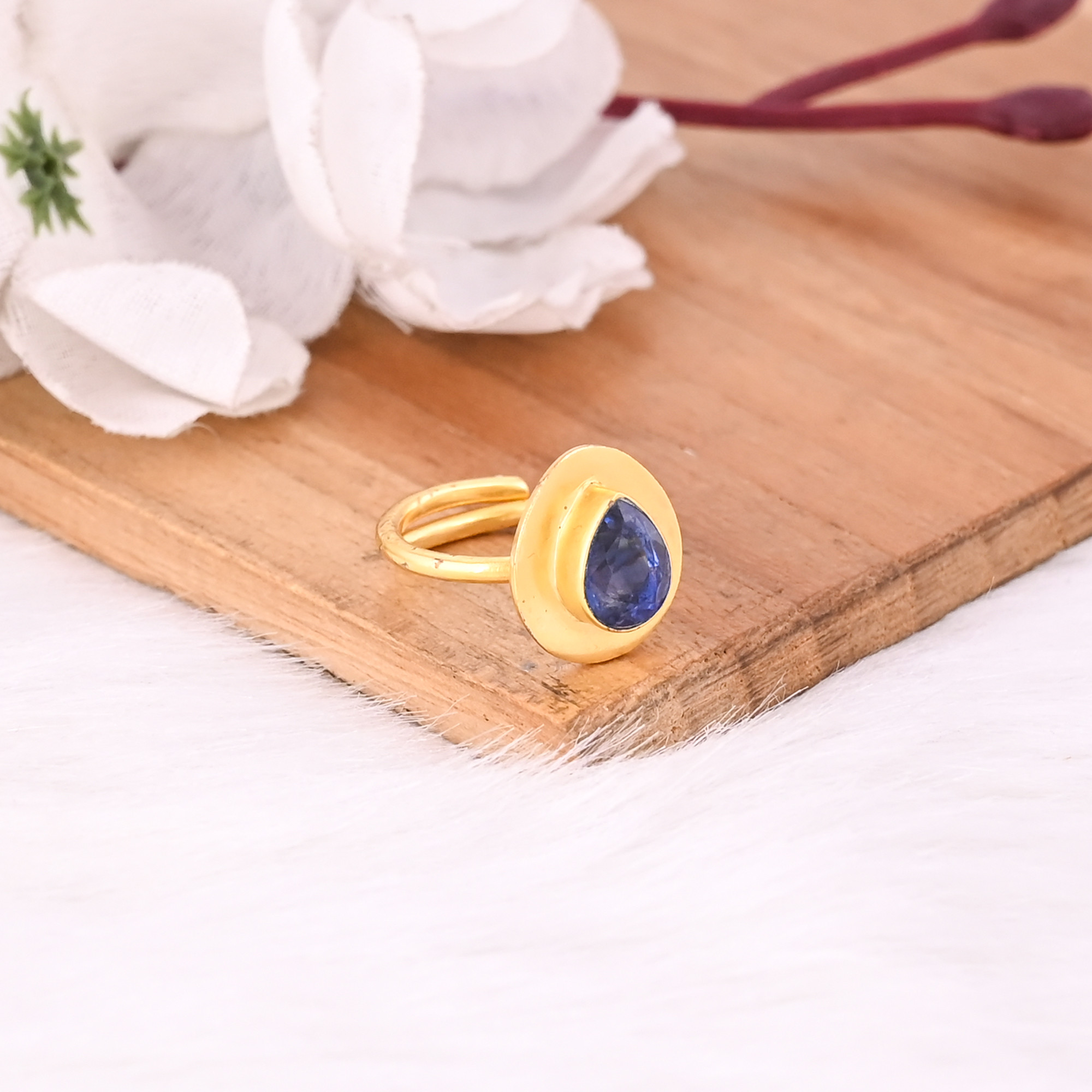 925 Sterling Silver Blue Kyanite Handmade Boho Designer Yellow Gold Plated Adjustable Ring