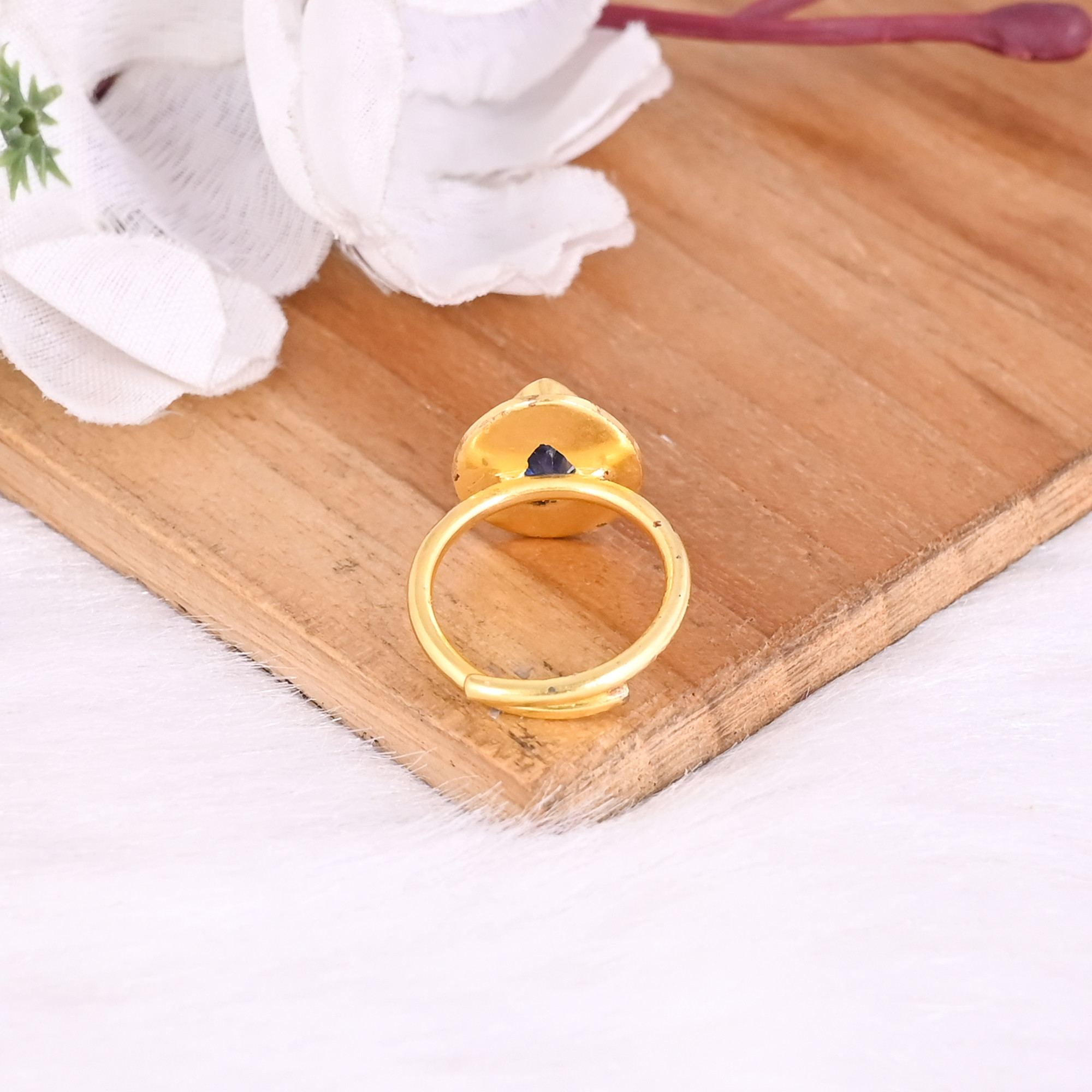 925 Sterling Silver Blue Kyanite Handmade Boho Designer Yellow Gold Plated Adjustable Ring