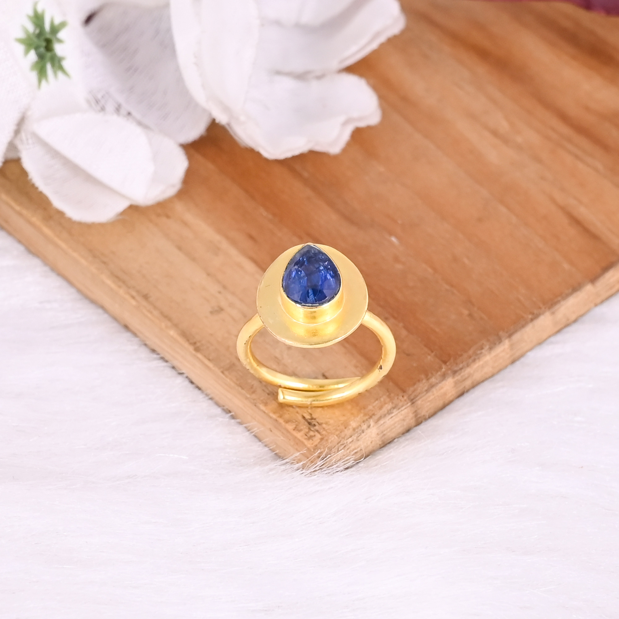 925 Sterling Silver Blue Kyanite Handmade Boho Designer Yellow Gold Plated Adjustable Ring