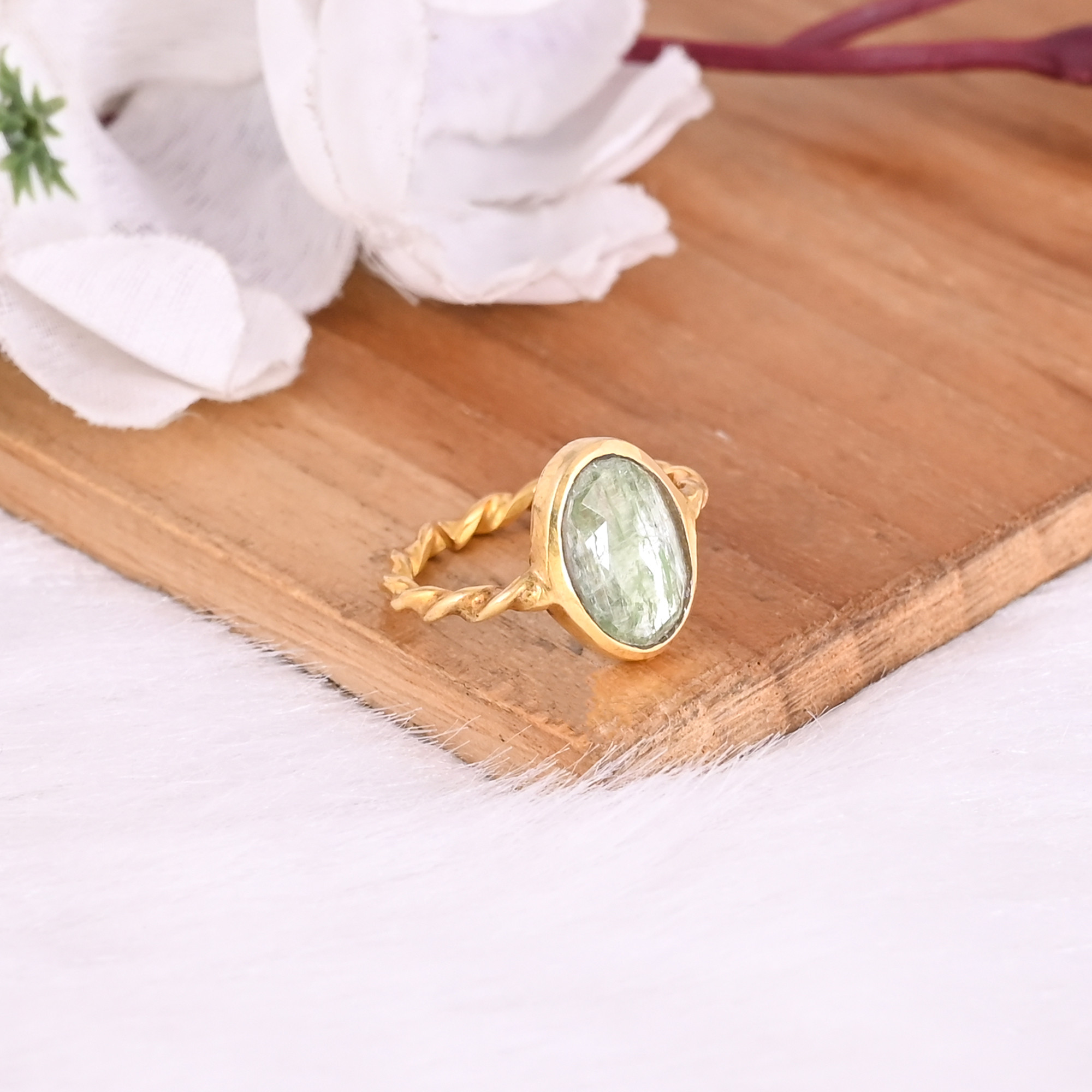 Natural Green Kyanite Gemstone Solid 925 Sterling Silver Yellow Gold Plated Handmade Designer Band Adjustable Ring