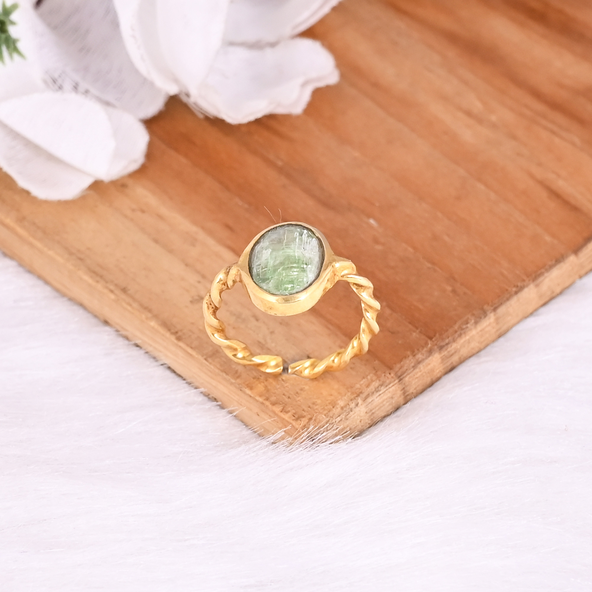 Natural Green Kyanite Gemstone Solid 925 Sterling Silver Yellow Gold Plated Handmade Designer Band Adjustable Ring