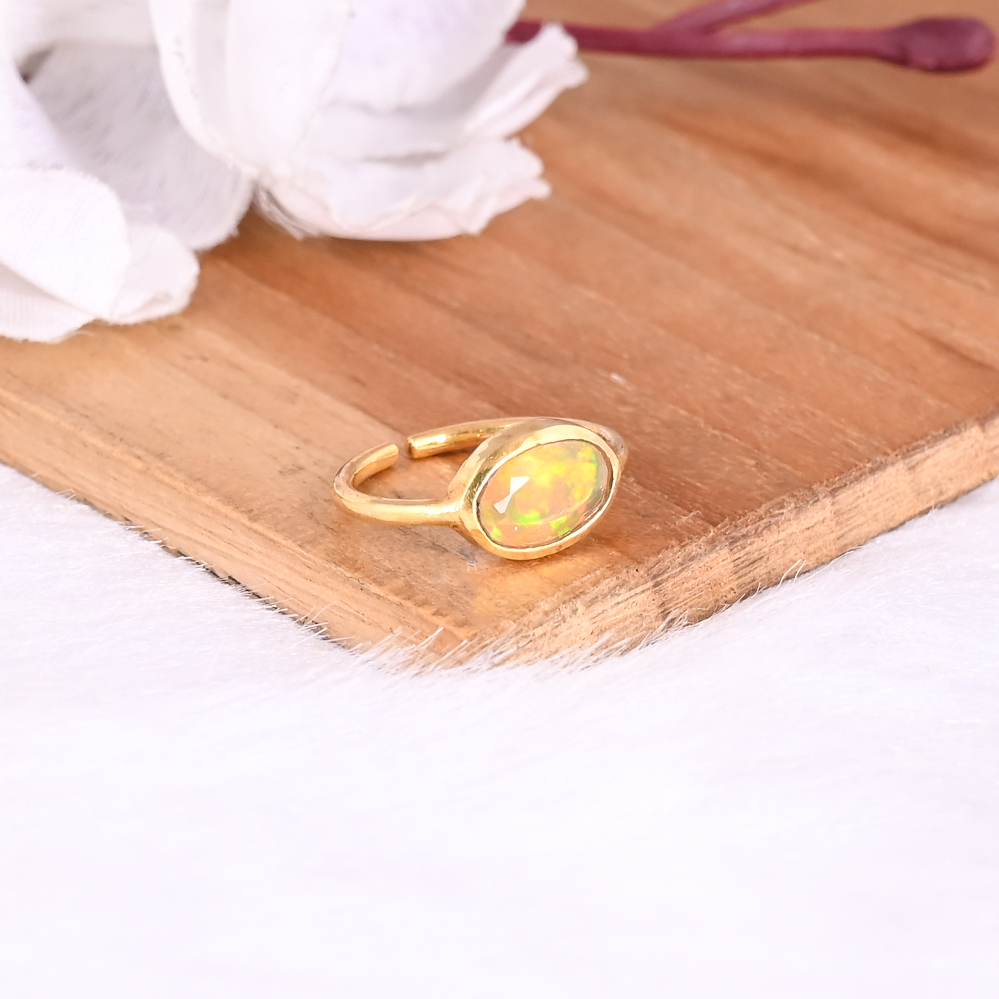 925 Sterling Silver Natural Ethiopian Opal Handmade Adjustable Yellow Gold Plated Ring Fine Jewelry Statement Rings