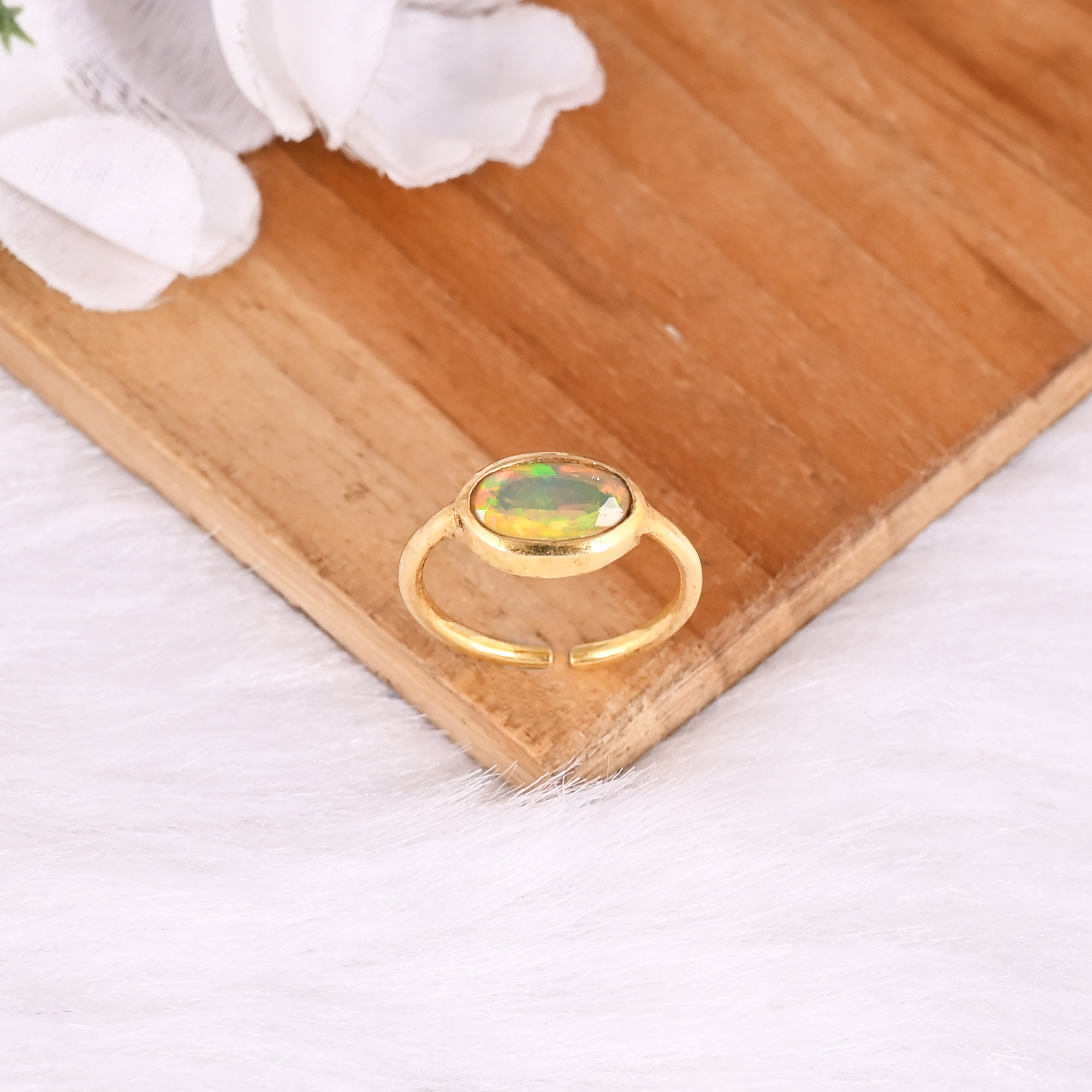 925 Sterling Silver Natural Ethiopian Opal Handmade Adjustable Yellow Gold Plated Ring Fine Jewelry Statement Rings
