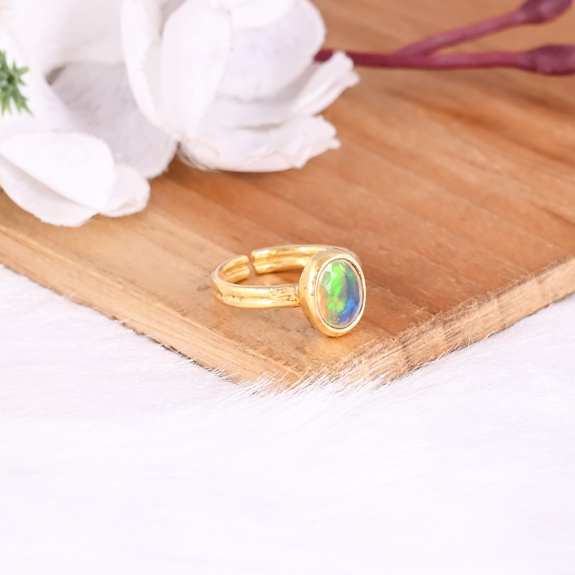 925 Sterling Solid Silver Natural Ethiopian Opal Handmade Adjustable Yellow Gold Plated Womens Fine Ring