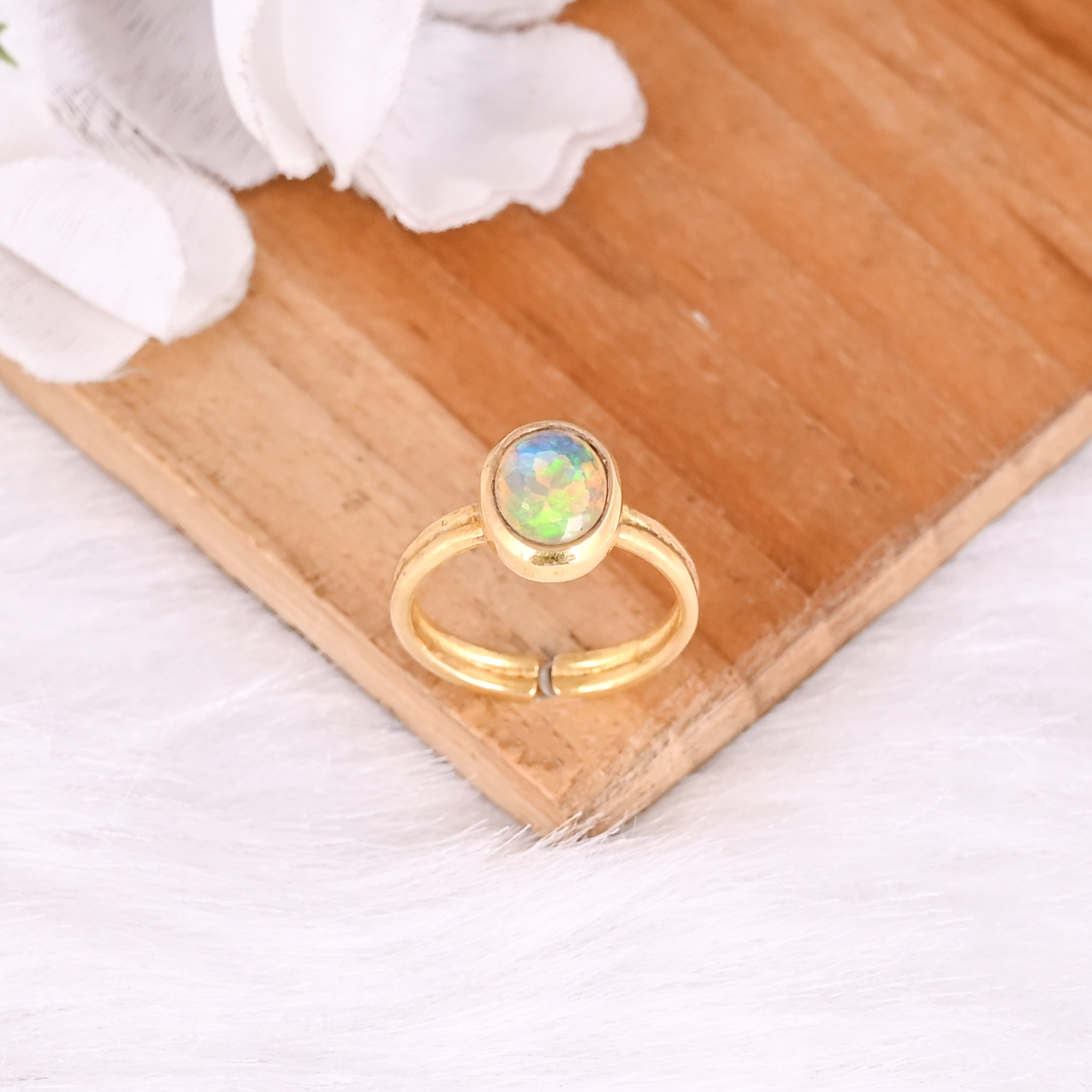 925 Sterling Solid Silver Natural Ethiopian Opal Handmade Adjustable Yellow Gold Plated Womens Fine Ring