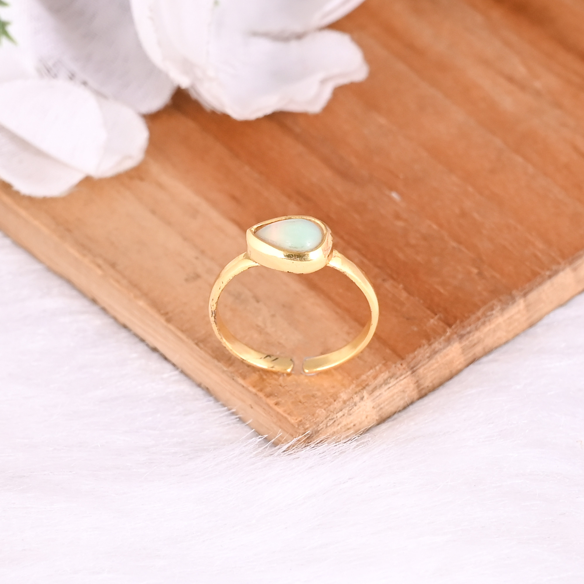 925 Sterling Solid Silver Natural Ethiopian Opal Handmade Adjustable Yellow Gold Plated Ring Fine Jewelry