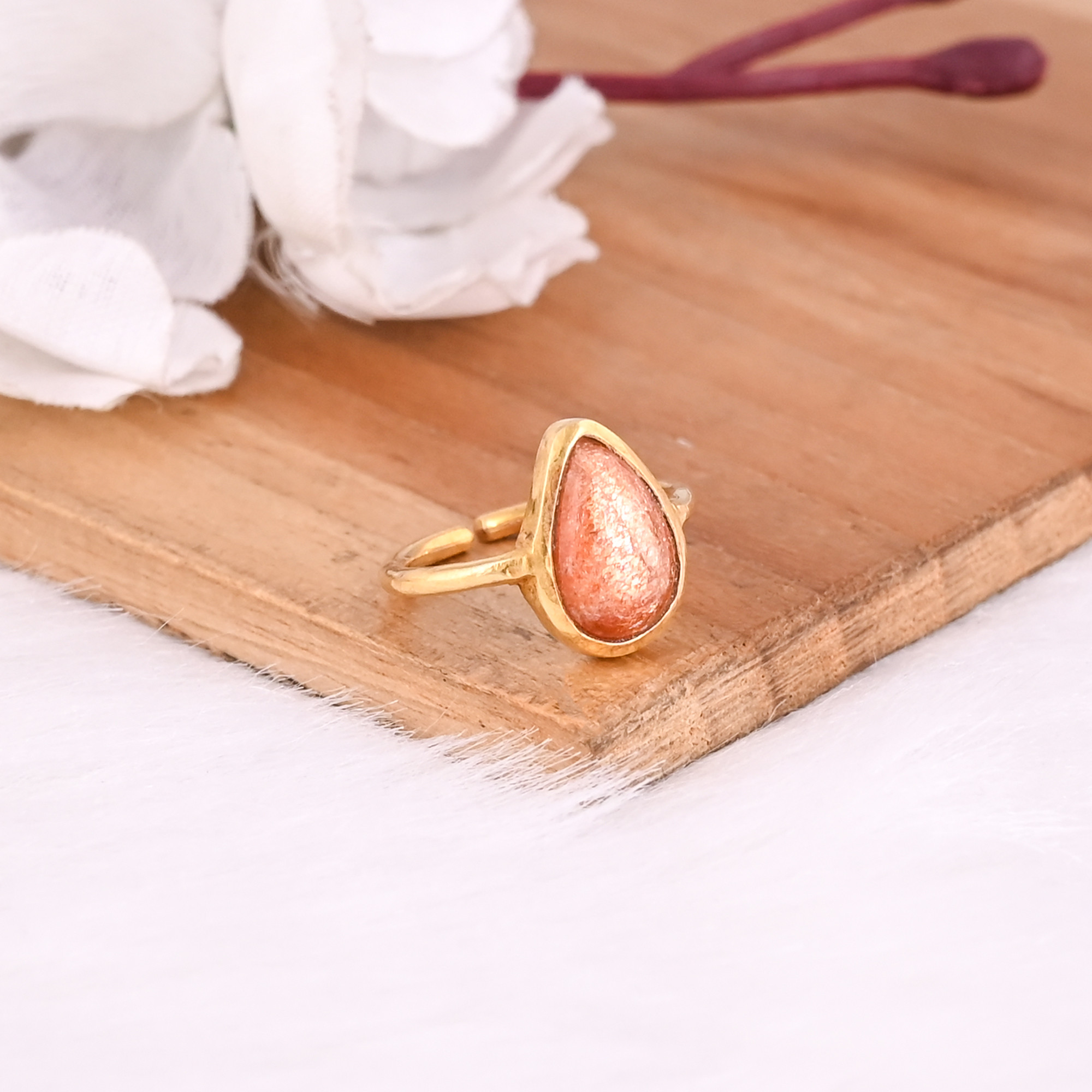 925 Sterling Solid Silver Natural Pear Sunstone Gemstone Yellow Gold Plated Adjustable Fine Ring