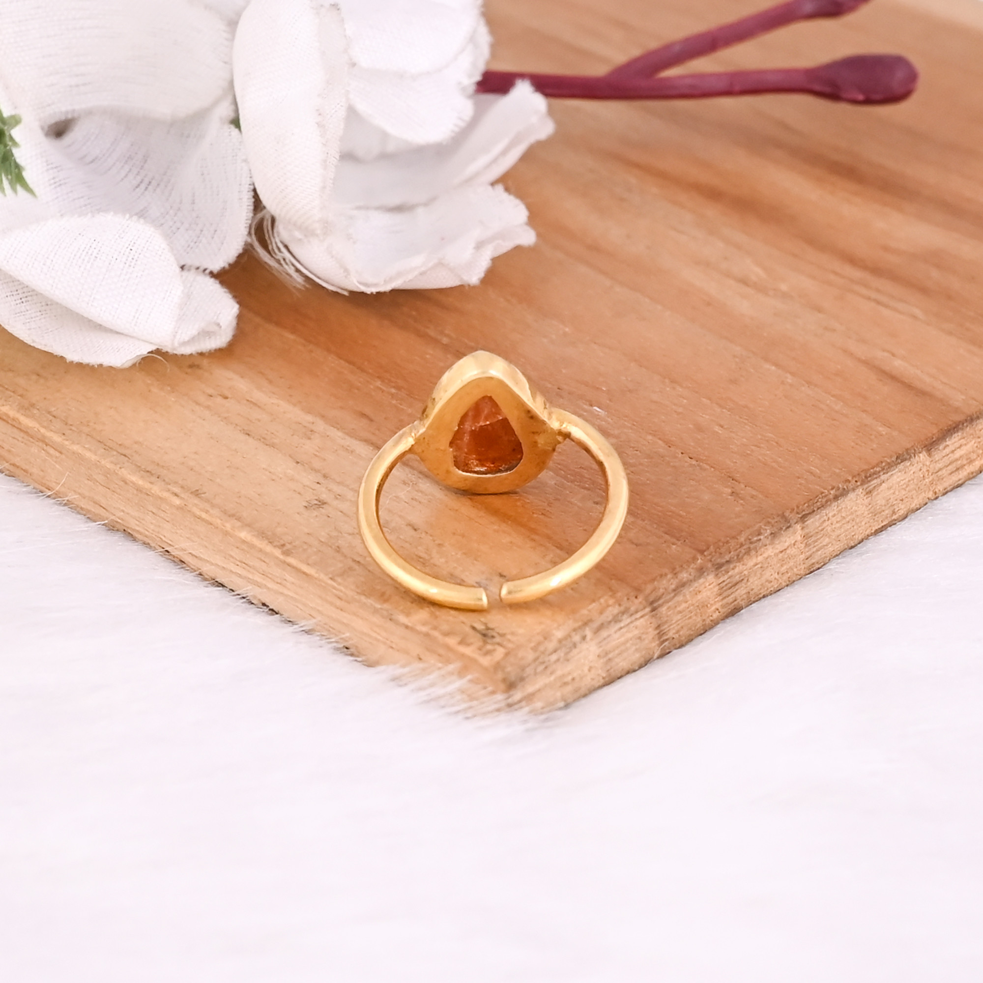 925 Sterling Solid Silver Natural Pear Sunstone Gemstone Yellow Gold Plated Adjustable Fine Ring