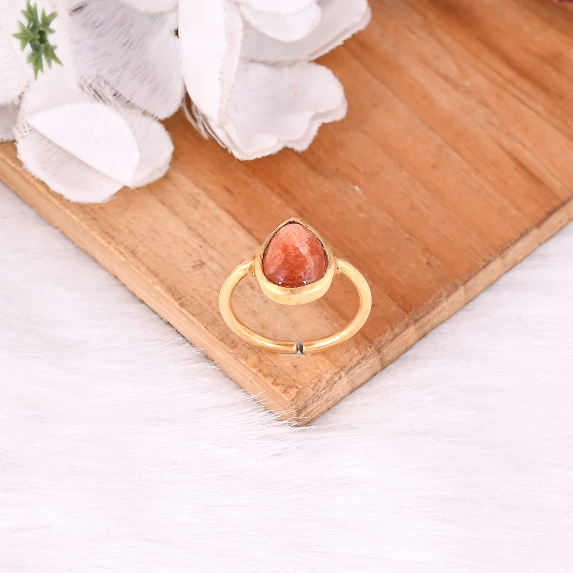 925 Sterling Solid Silver Natural Pear Sunstone Gemstone Yellow Gold Plated Adjustable Fine Ring