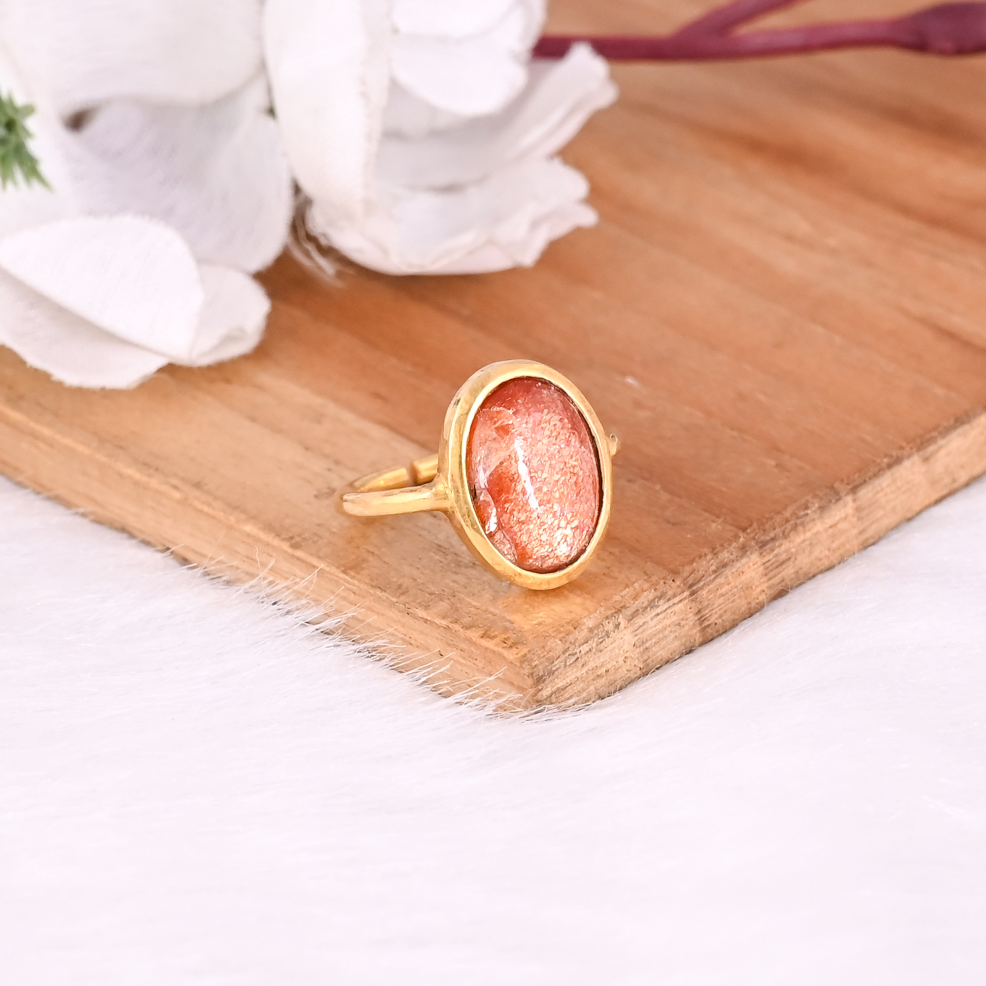 925 Sterling Solid Silver Natural Oval Sunstone Gemstone Yellow Gold Plated Adjustable Fine Ring Jewelry