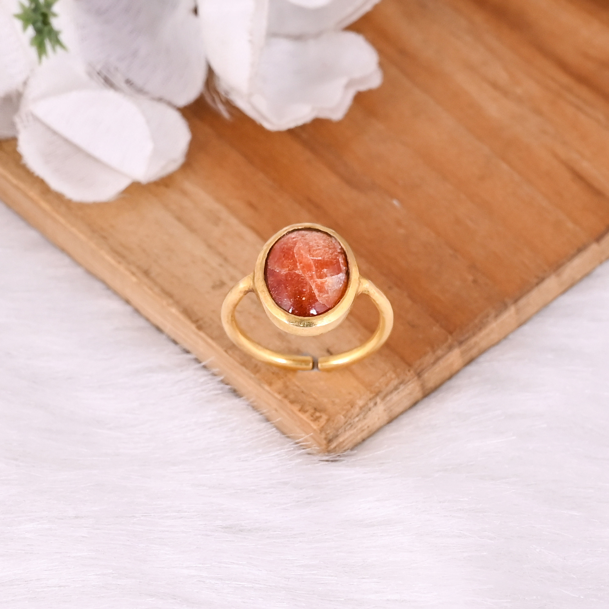 925 Sterling Solid Silver Natural Oval Sunstone Gemstone Yellow Gold Plated Adjustable Fine Ring Jewelry