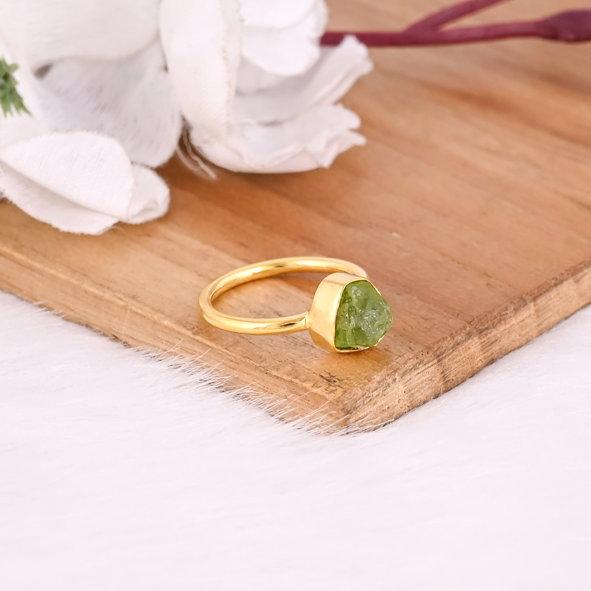 925 Sterling Solid Silver Natural Peridot Rough Gemstone Yellow Gold Plated Statement Ring Wholesale Jewelry