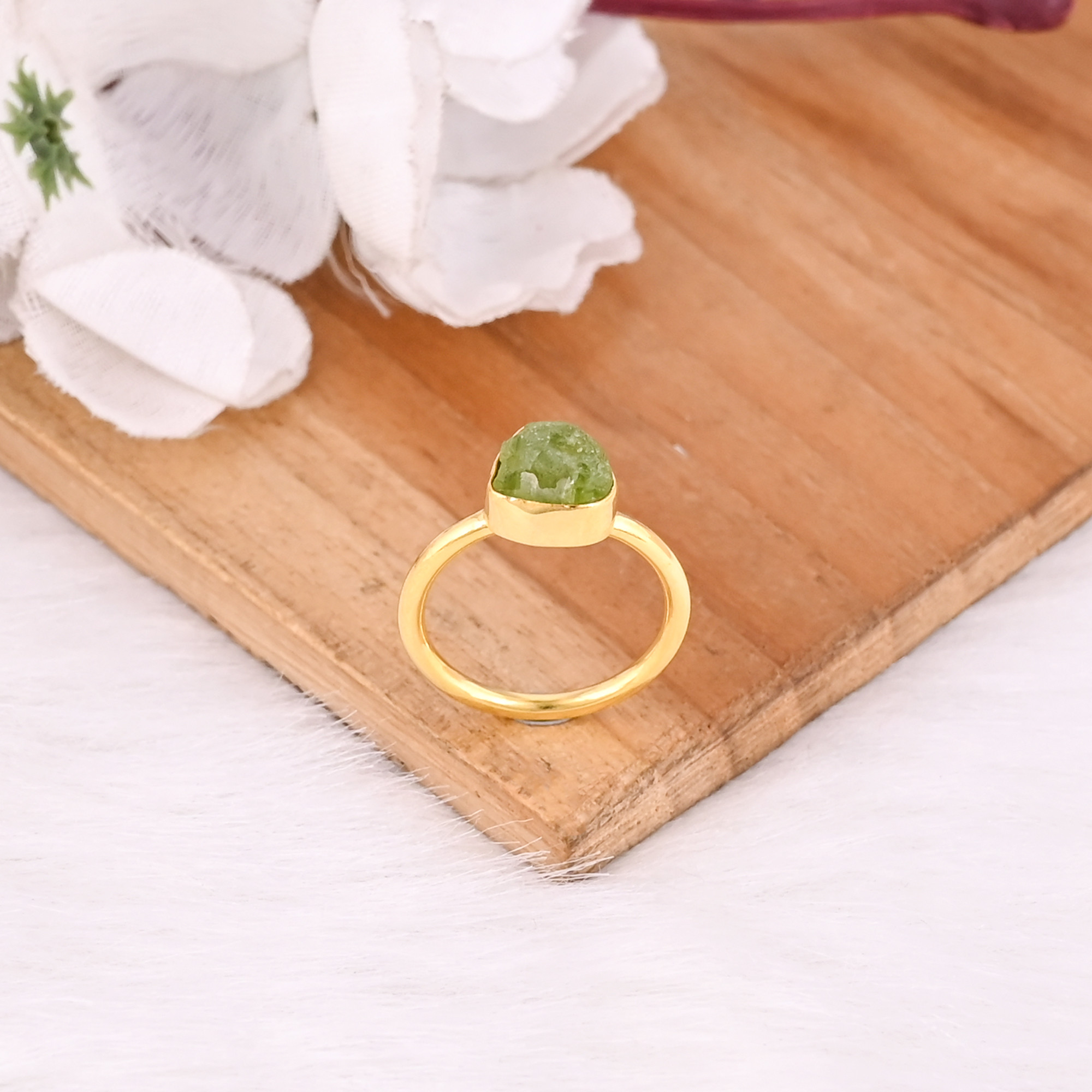 925 Sterling Solid Silver Natural Peridot Rough Gemstone Yellow Gold Plated Statement Ring Wholesale Jewelry