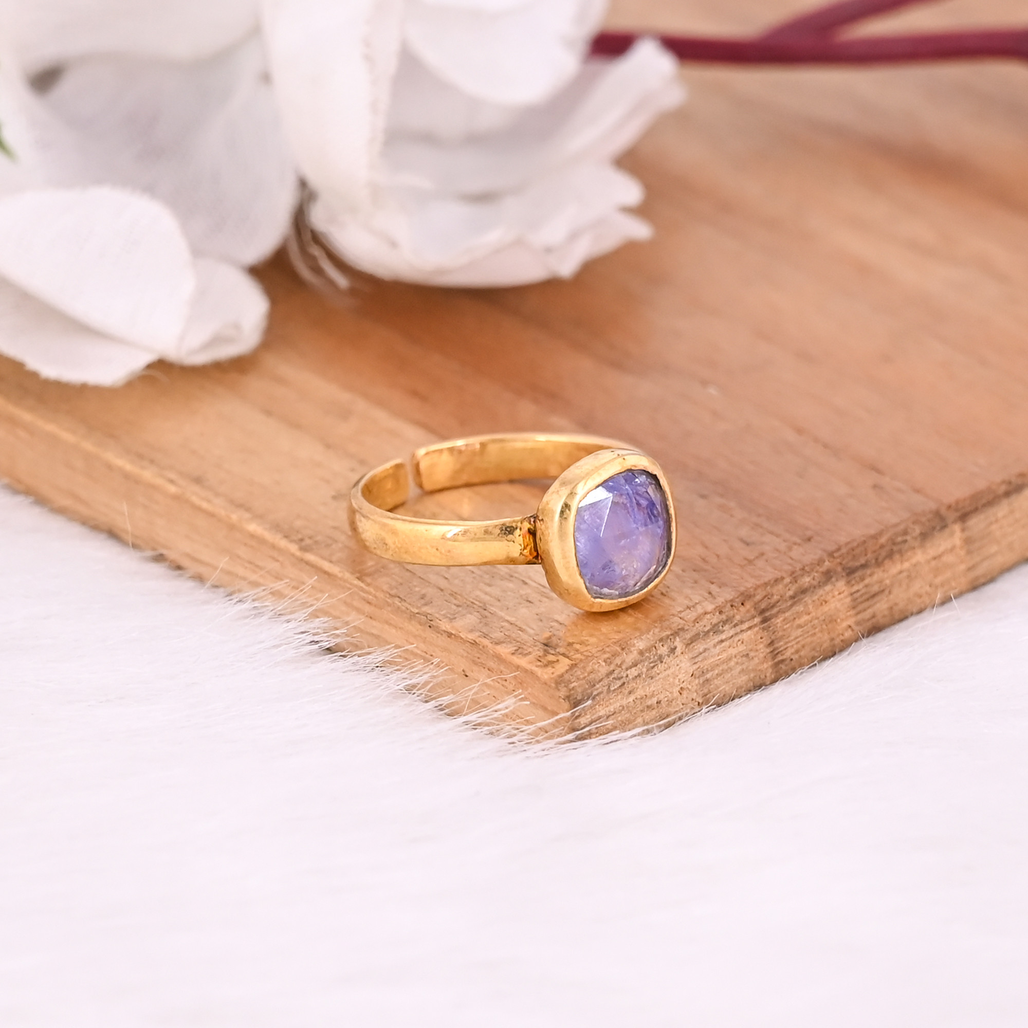 Solid 925 Sterling Silver Natural Tanzanite Cushion Gemstone Adjustable Yellow Gold Plated Wedding Engagement Gift