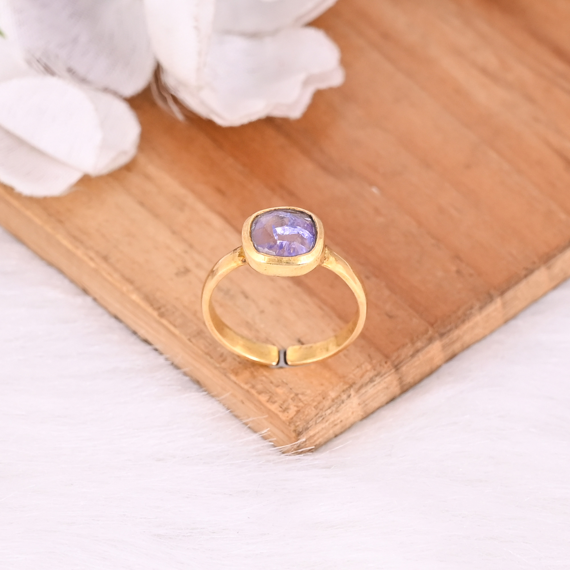 Solid 925 Sterling Silver Natural Tanzanite Cushion Gemstone Adjustable Yellow Gold Plated Wedding Engagement Gift