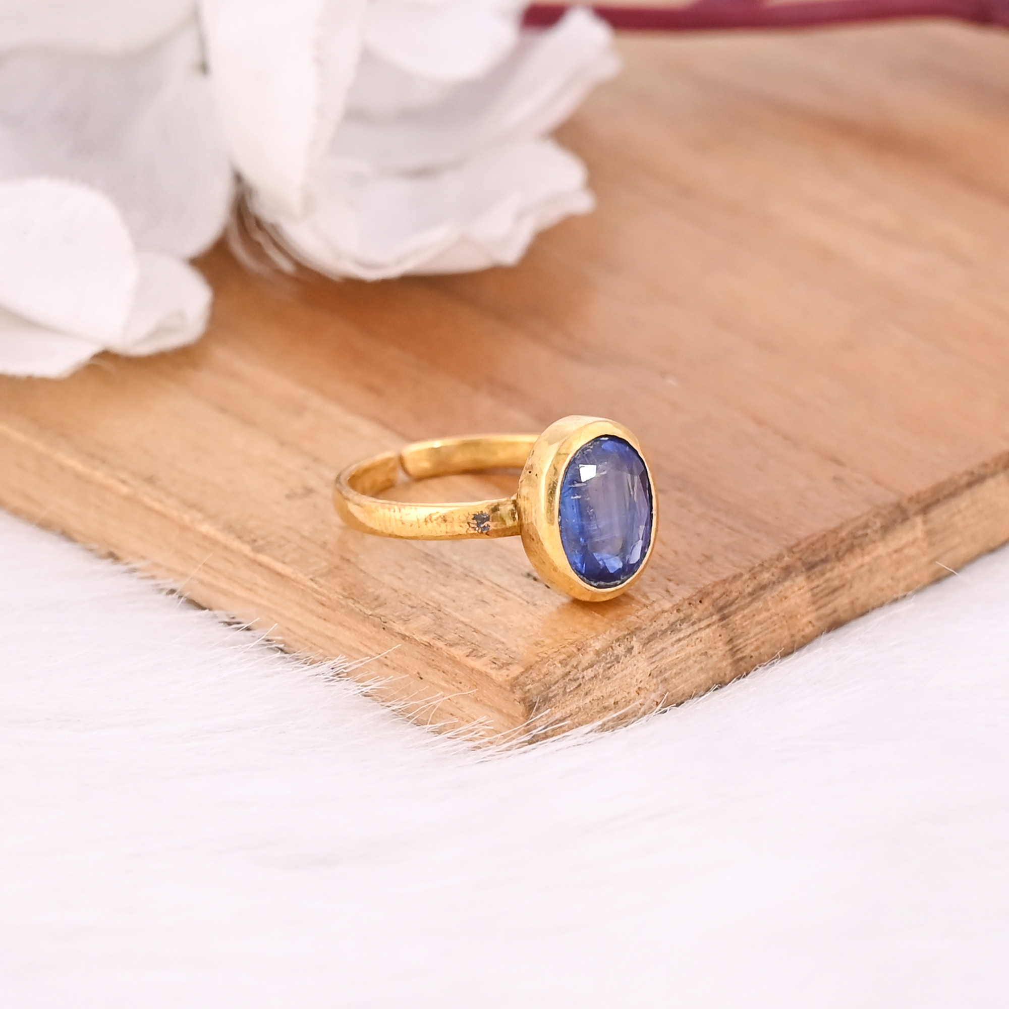 925 Sterling Solid Silver Natural Kyanite Gemstone Yellow Gold Plated Adjustable Ring Fine Ring