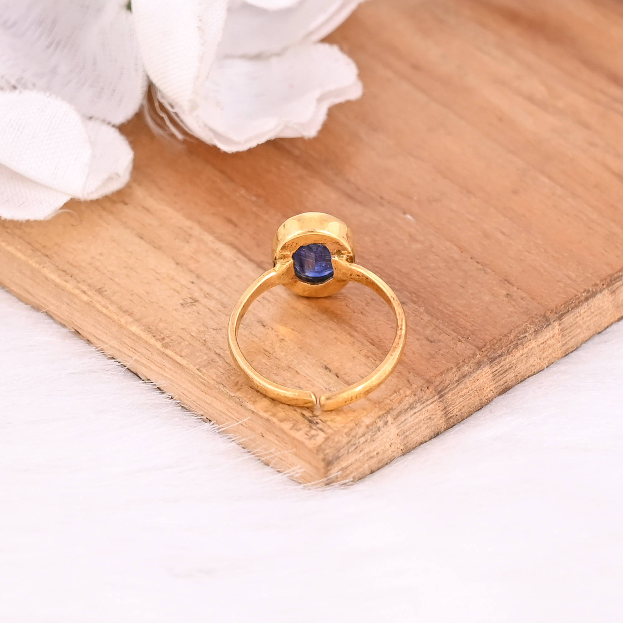 925 Sterling Solid Silver Natural Kyanite Gemstone Yellow Gold Plated Adjustable Ring Fine Ring