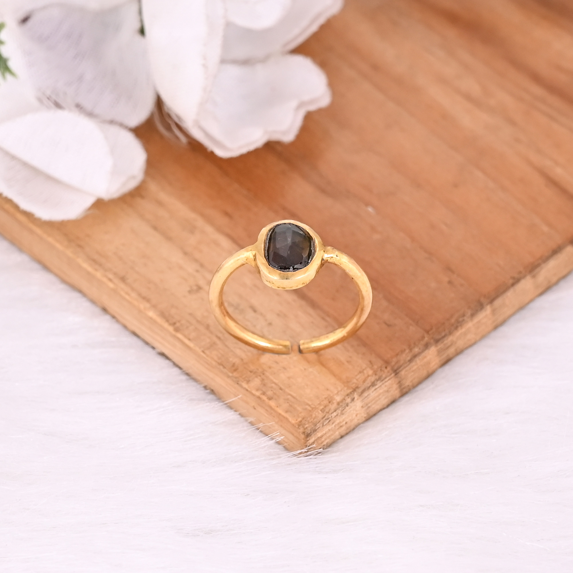 925 Sterling Solid Silver Natural Tourmaline Gemstone Yellow Gold Plated Adjustable Ring