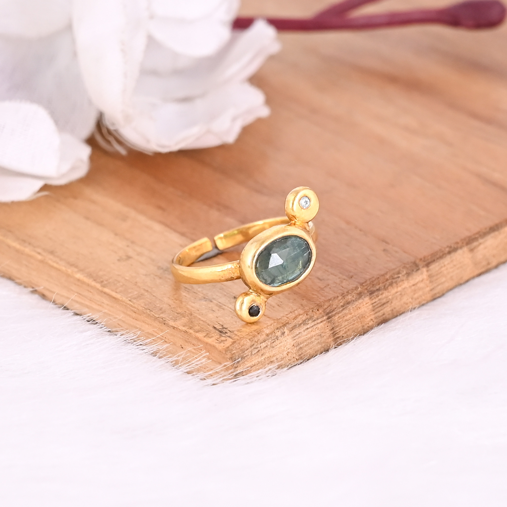 925 Sterling Silver Natural Tourmaline Gemstone Adjustable Yellow Gold Plated Statement Ring