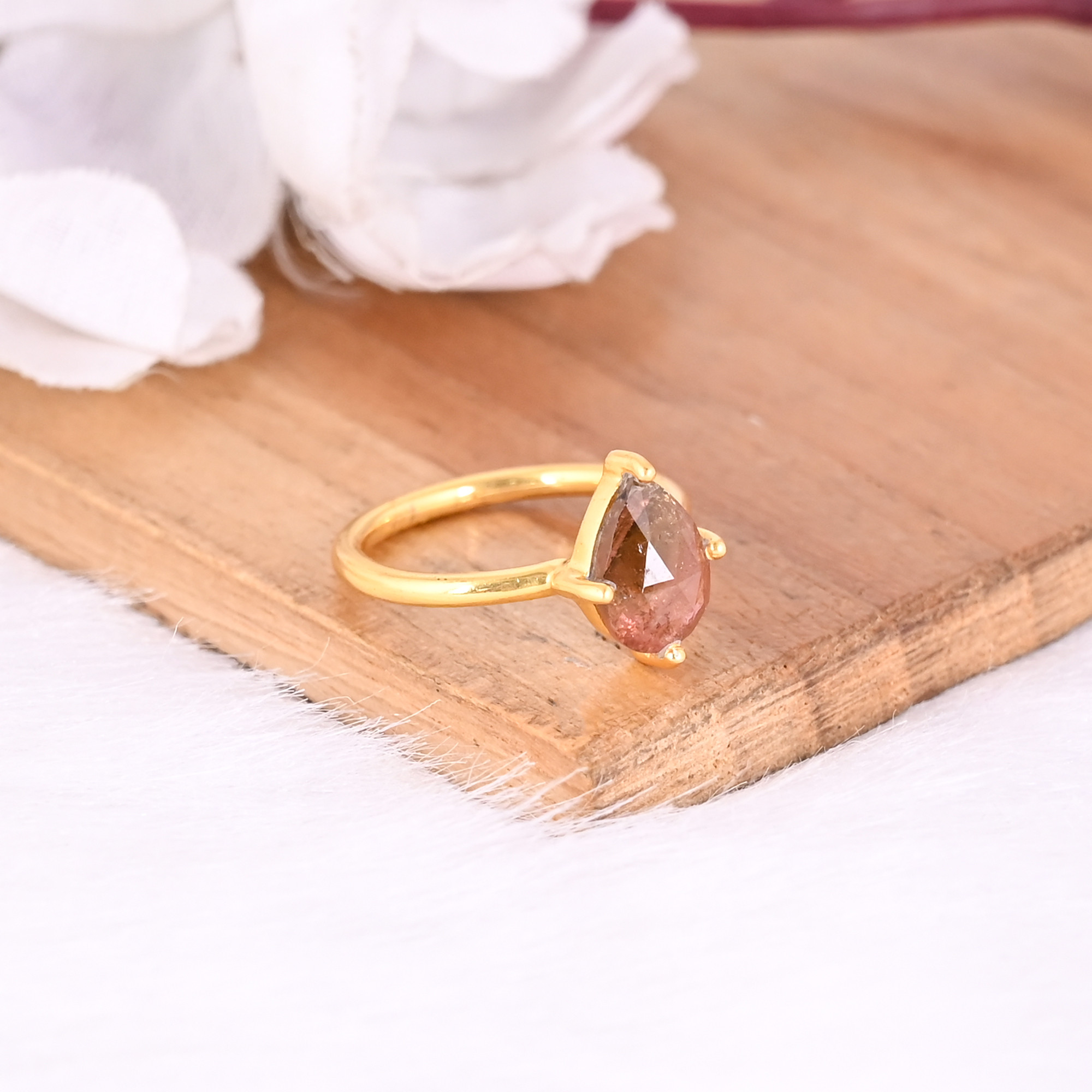 Natural Tourmaline Gemstone Solid 925 Sterling Silver Yellow Gold Plated Handmade Prong Setting Ring Grandma Gift