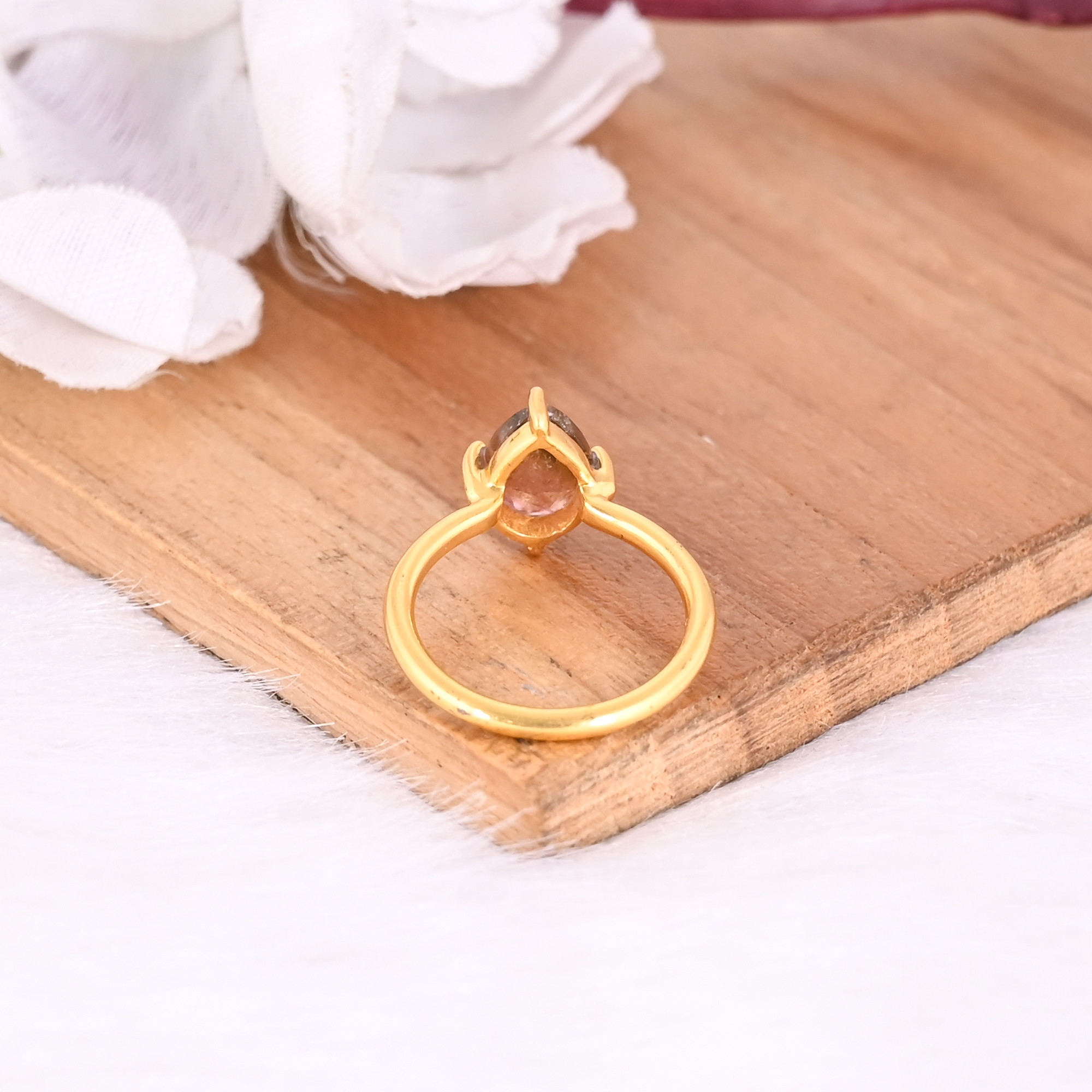 Natural Tourmaline Gemstone Solid 925 Sterling Silver Yellow Gold Plated Handmade Prong Setting Ring Grandma Gift
