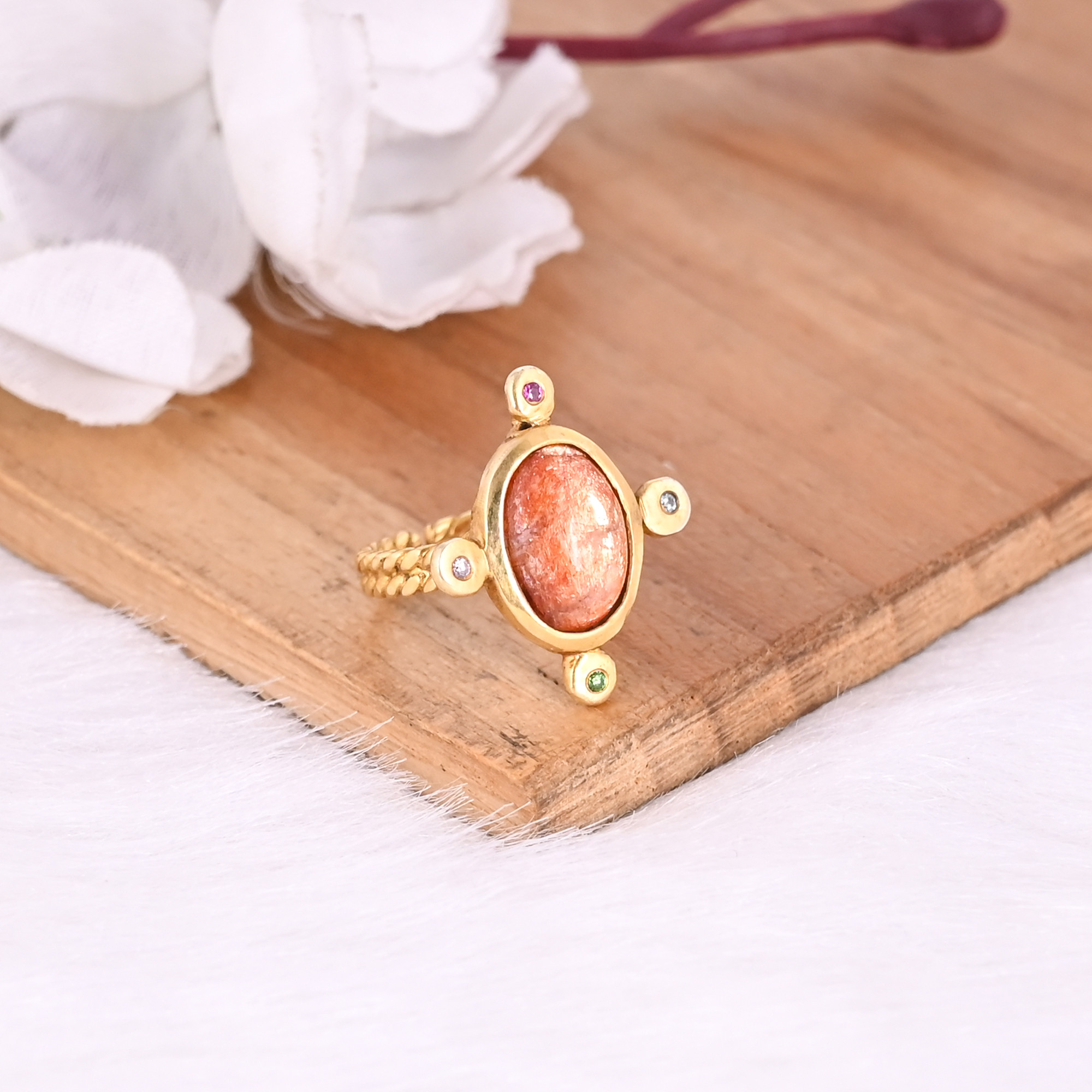 925 Sterling Solid Silver Natural Sunstone Gemstone Yellow Gold Plated Adjustable Ring Fine Ring