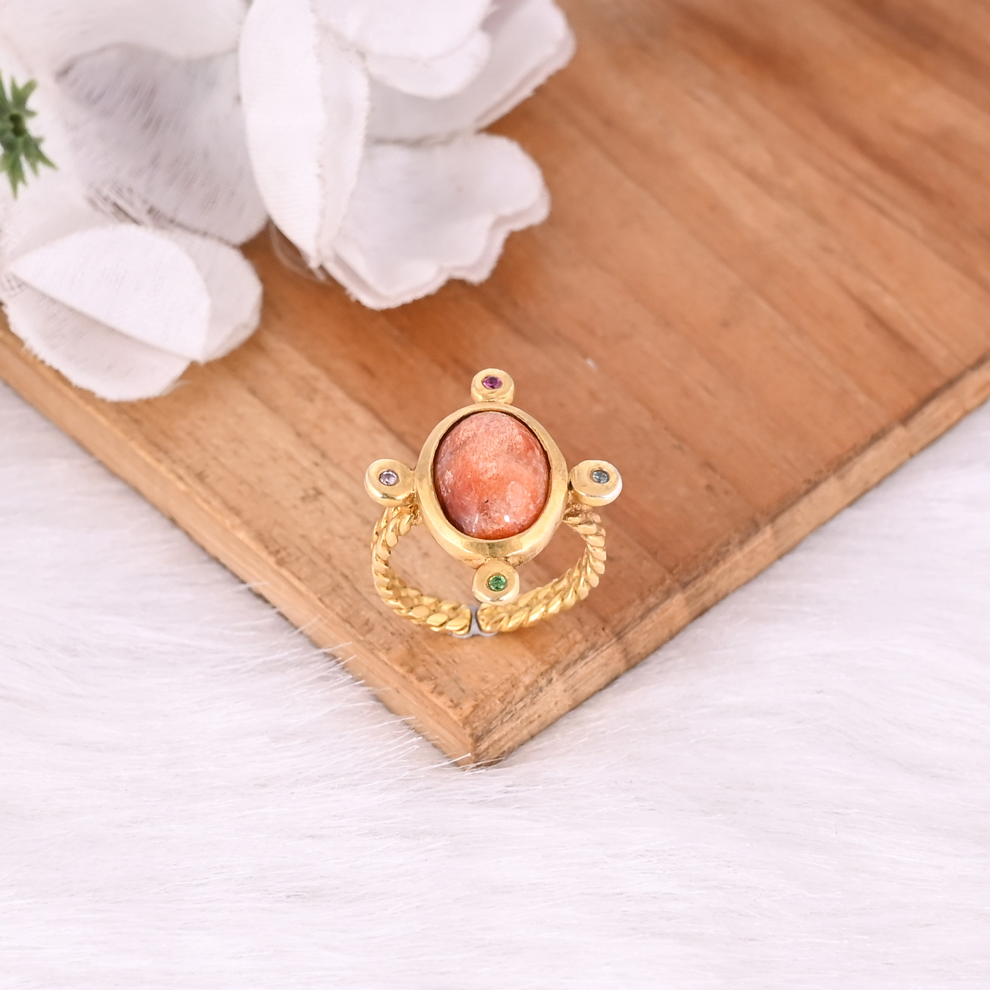 925 Sterling Solid Silver Natural Sunstone Gemstone Yellow Gold Plated Adjustable Ring Fine Ring