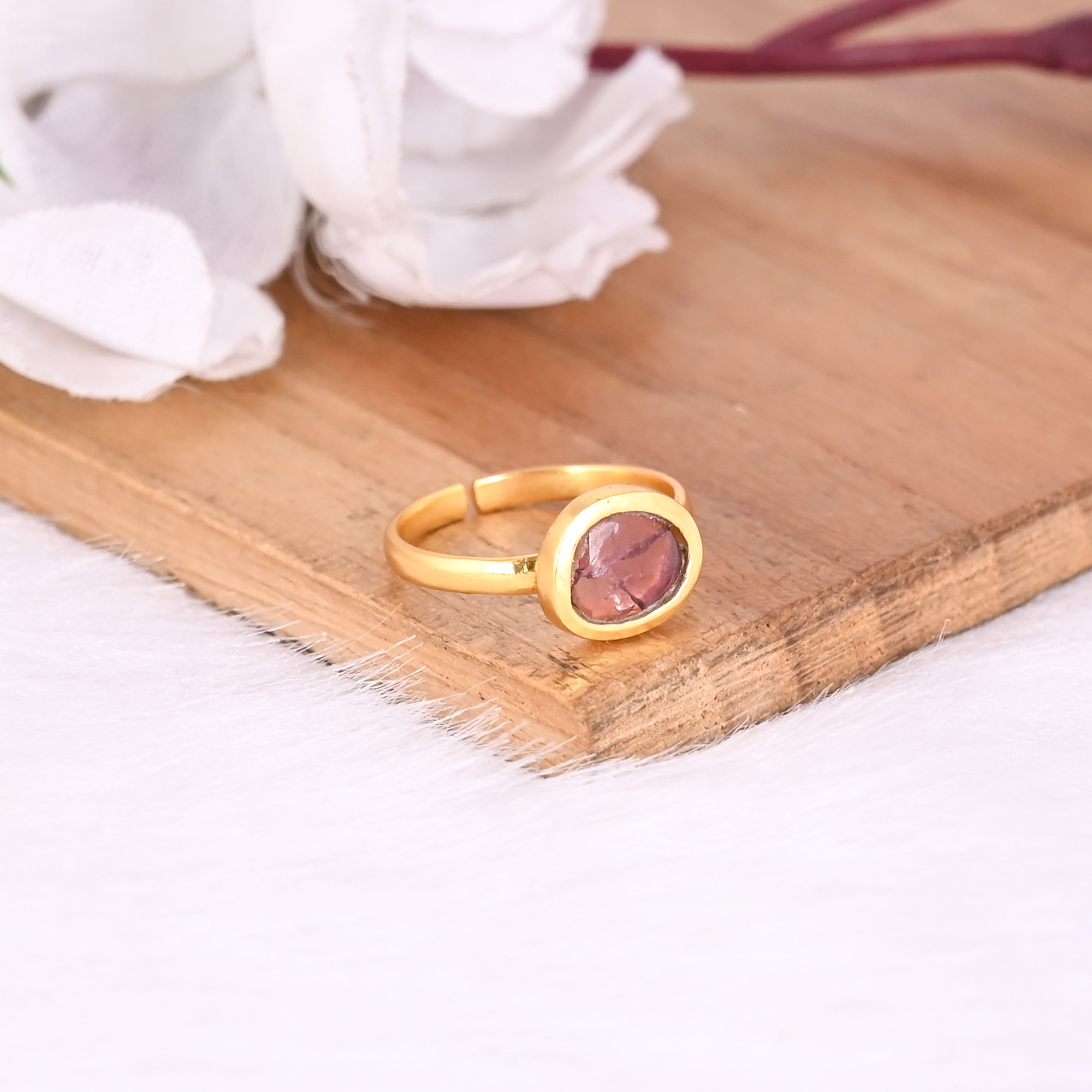 925 Sterling Silver Natural Tourmaline Yellow Gold Plated Adjustable Ring Gemstone Jewelry