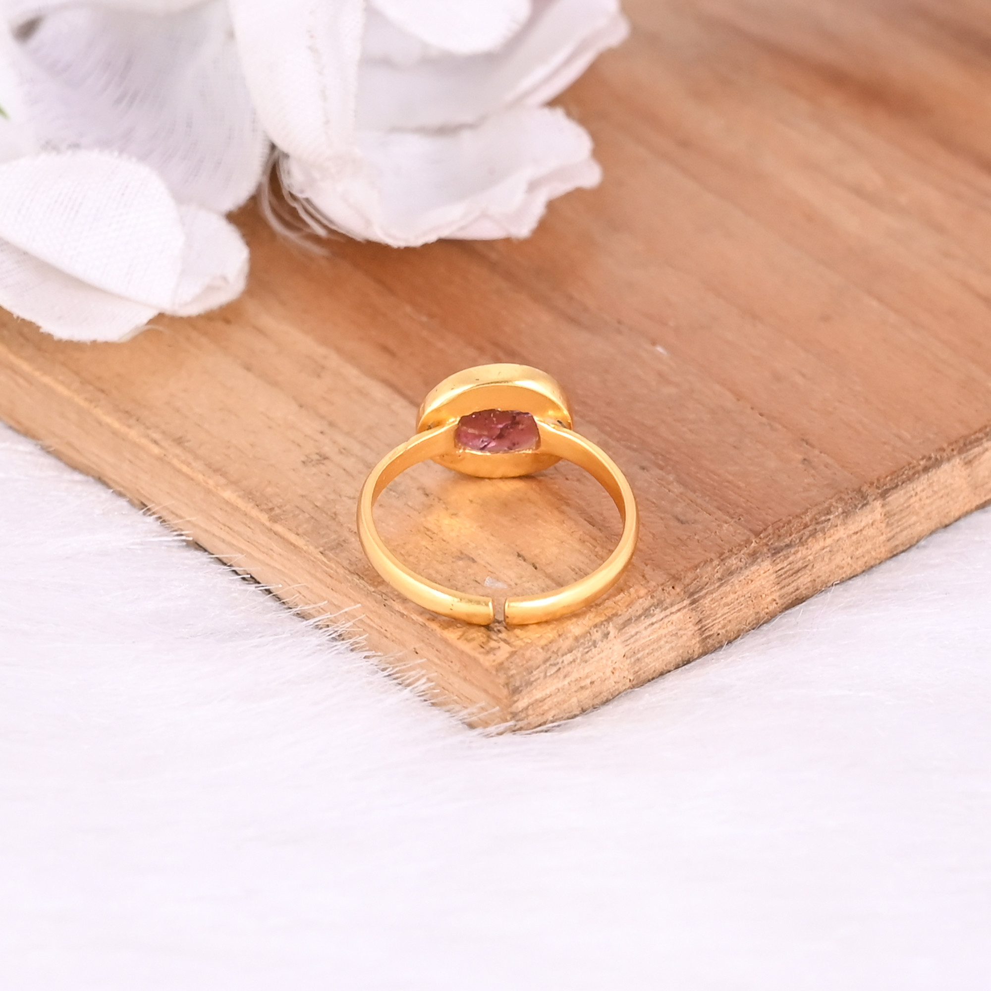 925 Sterling Silver Natural Tourmaline Yellow Gold Plated Adjustable Ring Gemstone Jewelry