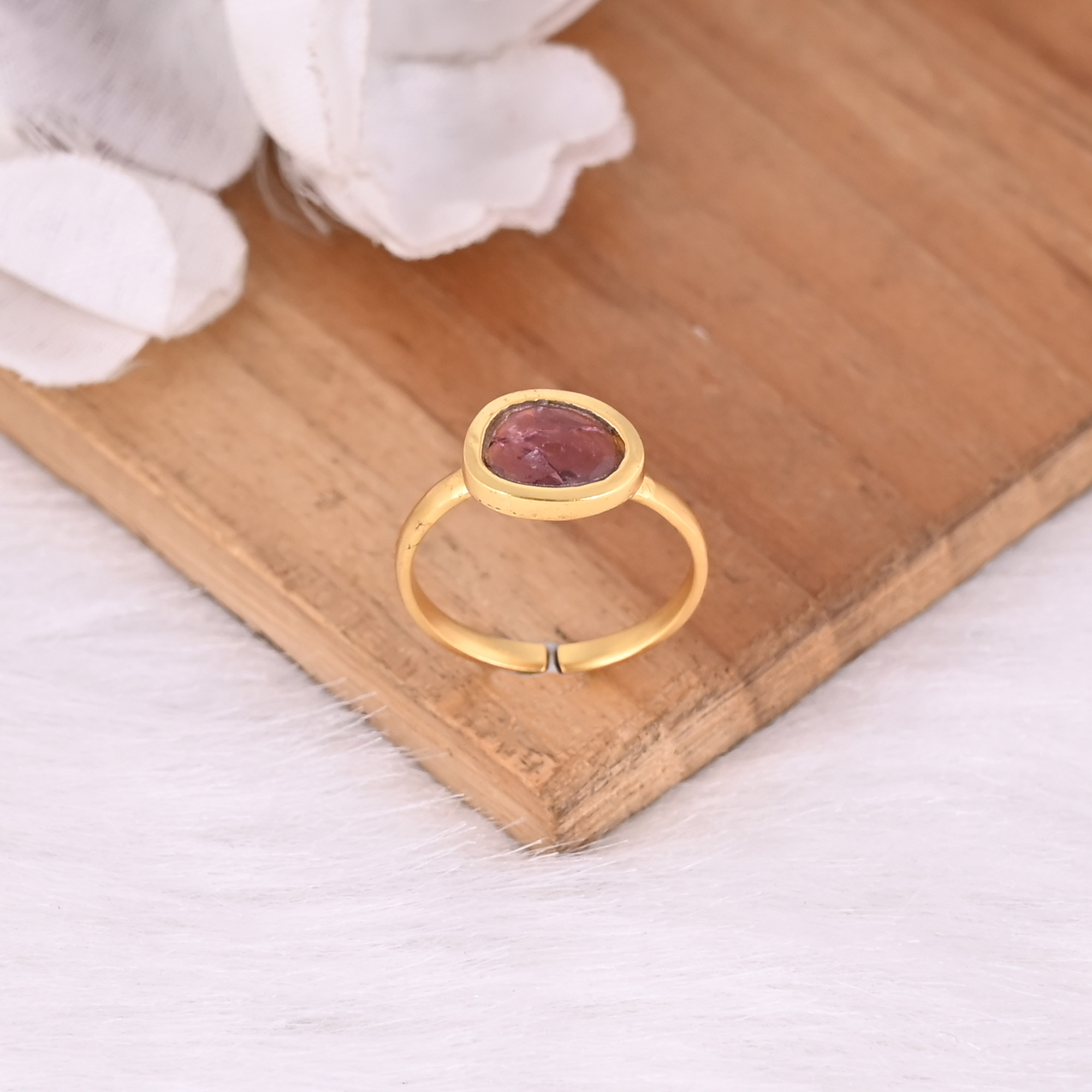 925 Sterling Silver Natural Tourmaline Yellow Gold Plated Adjustable Ring Gemstone Jewelry