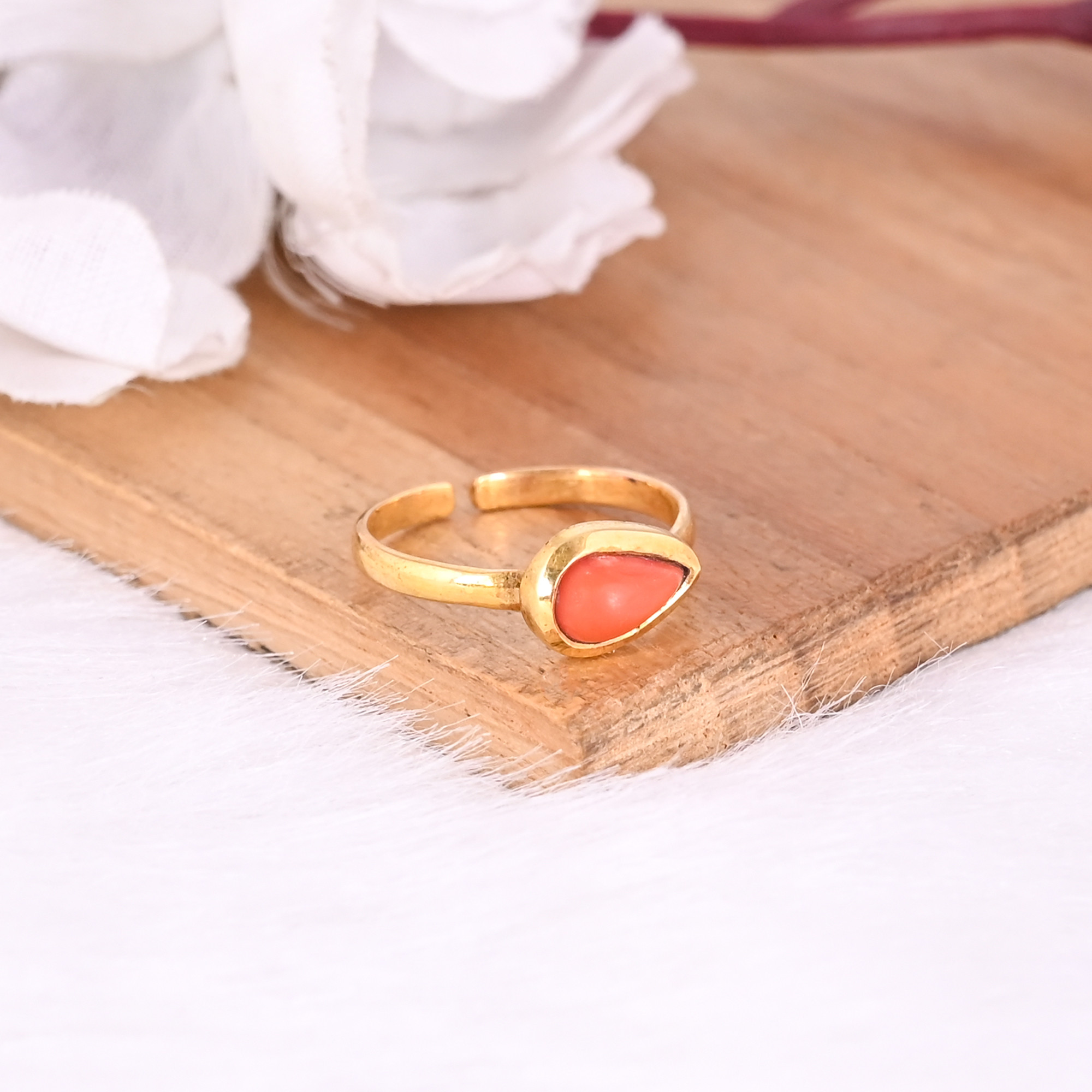 925 Sterling Solid Silver Natural Orange Coral Handmade Adjustable Yellow Gold Plated Ring Fine Jewelry