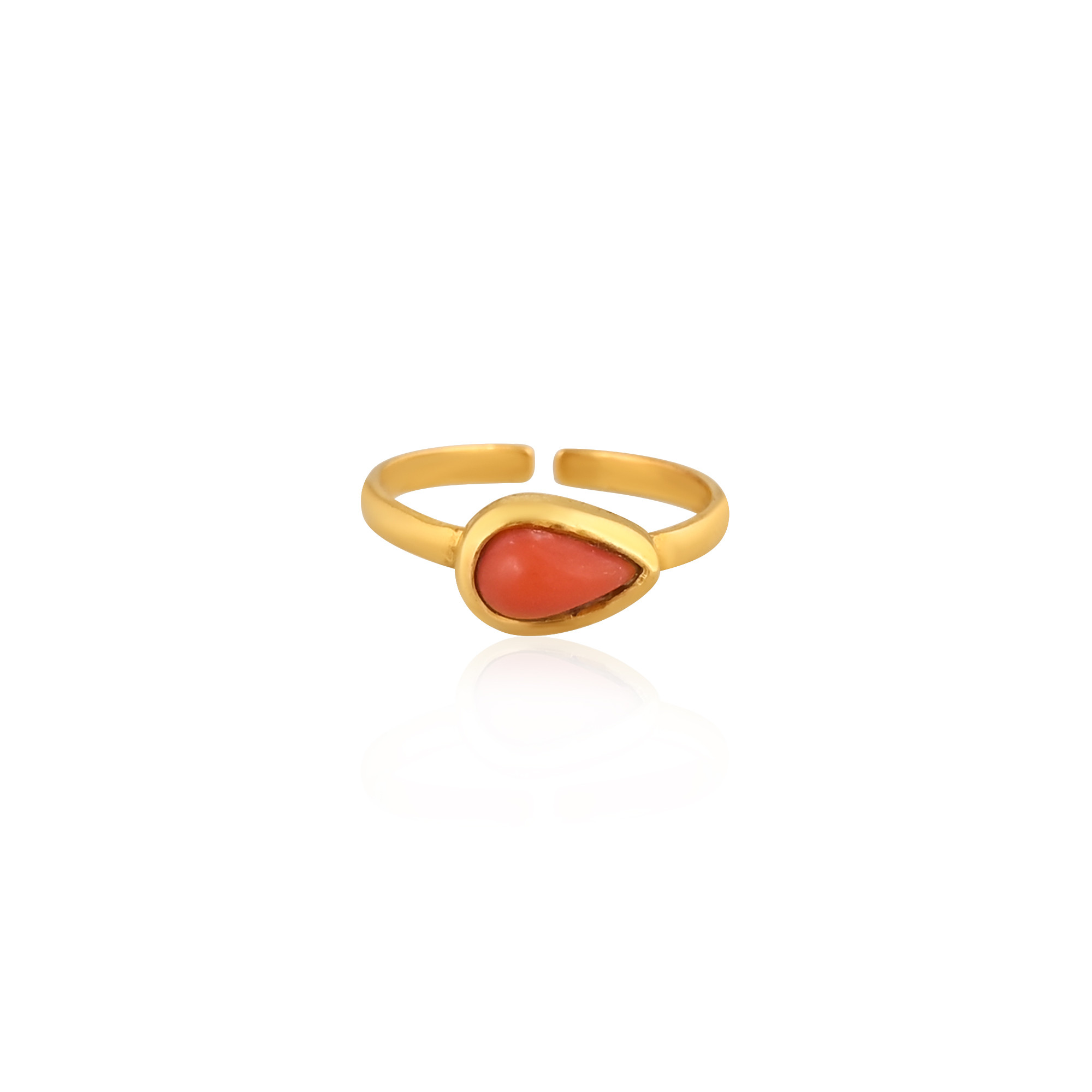 925 Sterling Solid Silver Natural Orange Coral Handmade Adjustable Yellow Gold Plated Ring Fine Jewelry