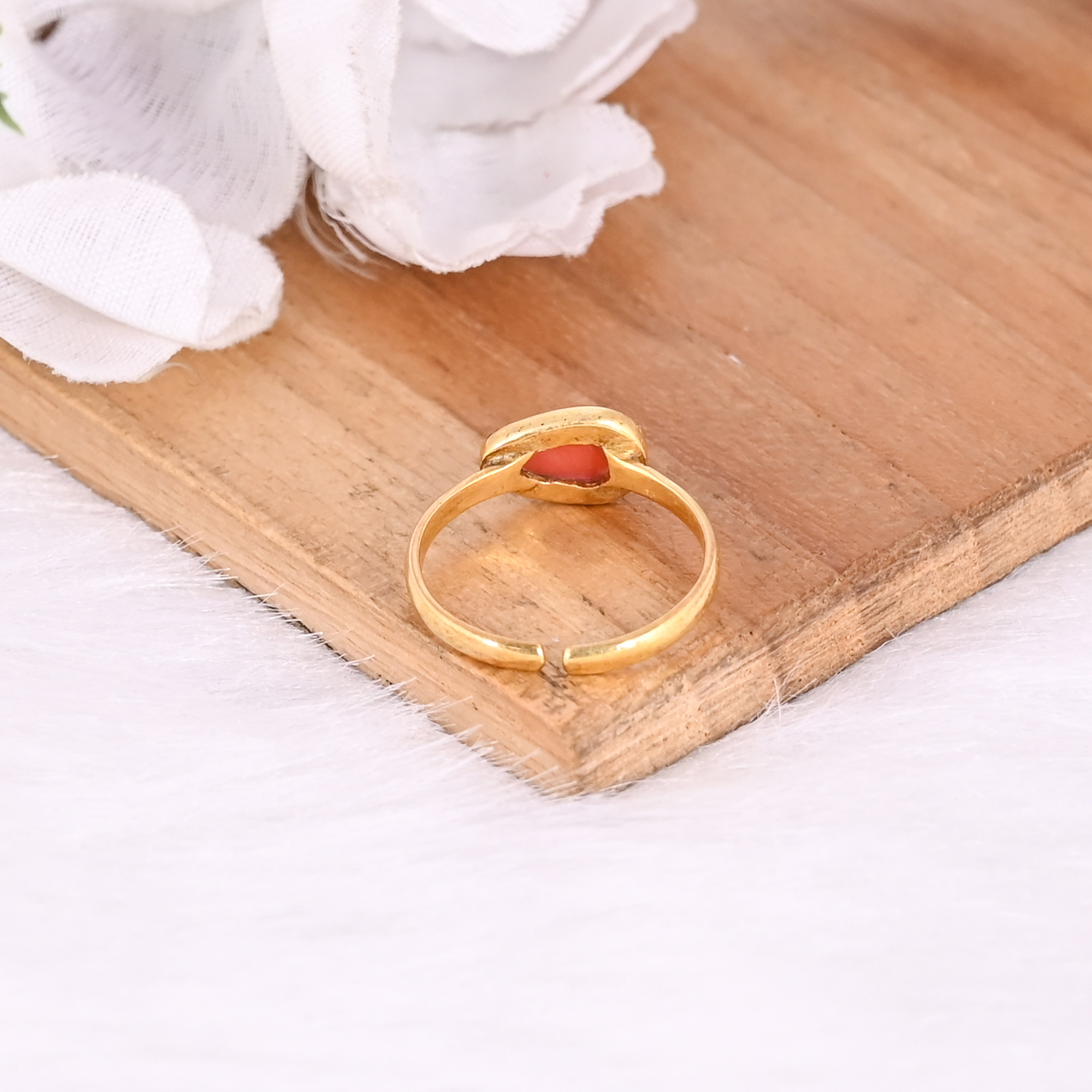 925 Sterling Solid Silver Natural Orange Coral Handmade Adjustable Yellow Gold Plated Ring Fine Jewelry