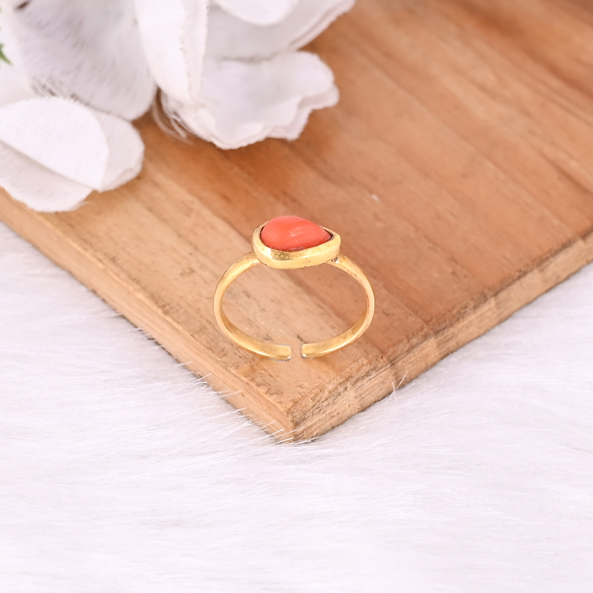 925 Sterling Solid Silver Natural Orange Coral Handmade Adjustable Yellow Gold Plated Ring Fine Jewelry